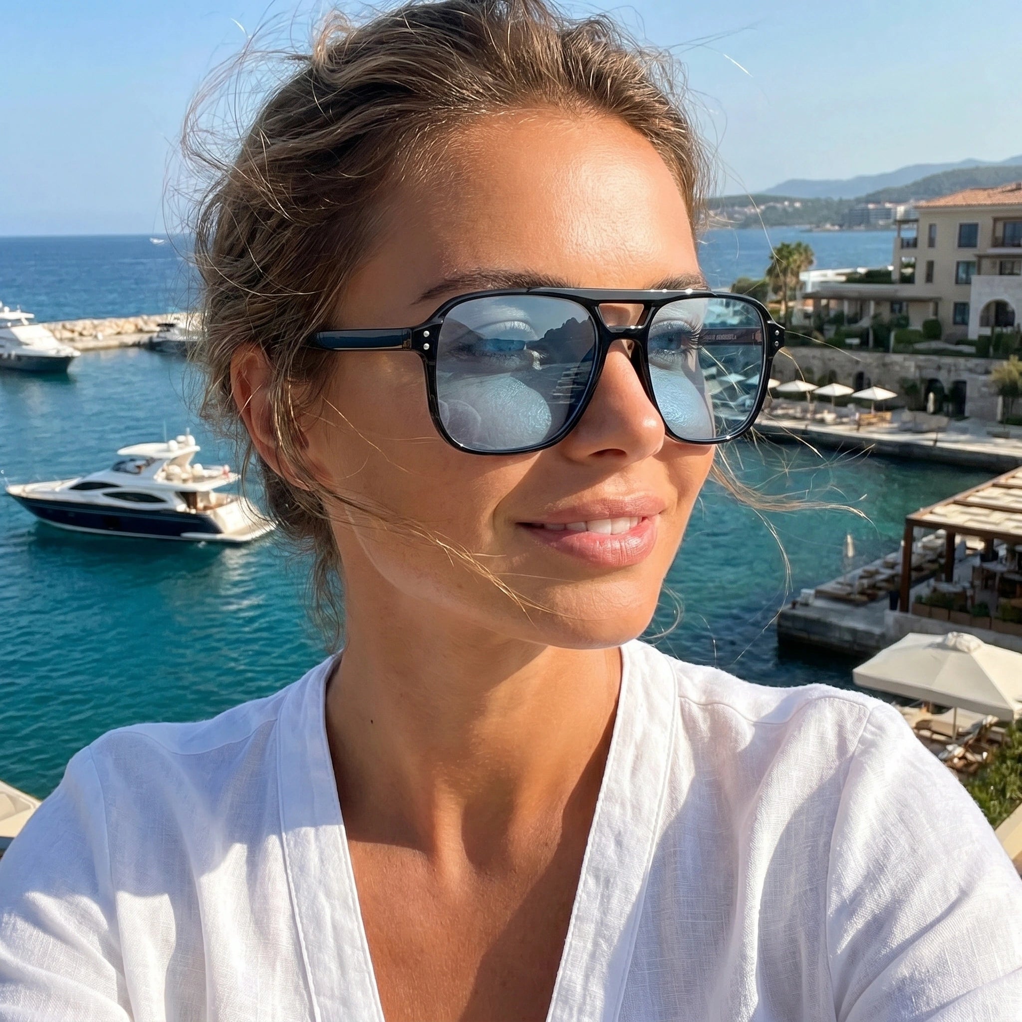 Close up of the Womens Sunglasses showing the sleek frame and lens, perfect for enhancing summer outfits.