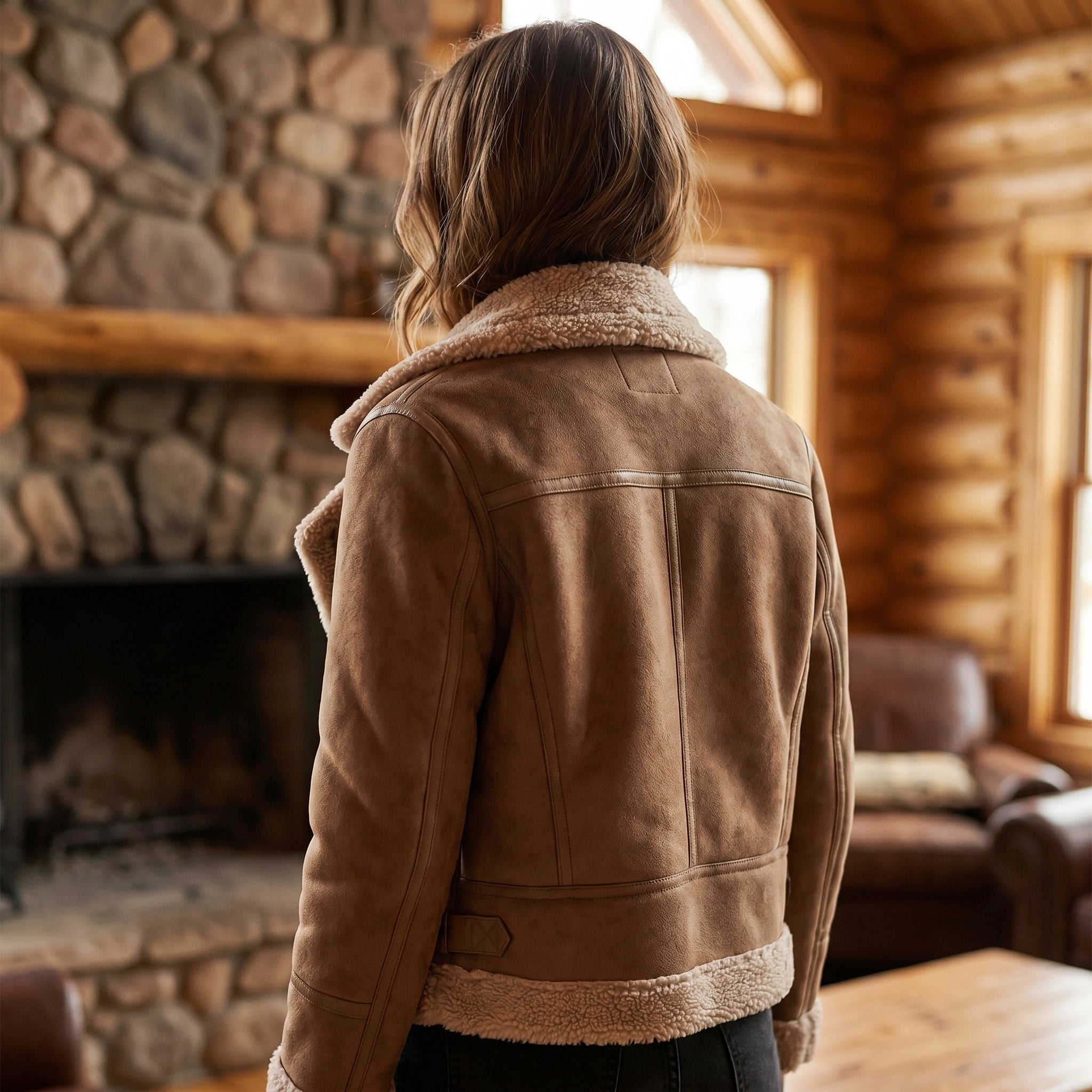 Close up of the women's cozy winter jacket showing the soft fabric texture, precise stitching, and aviator silhouette in a neutral color.