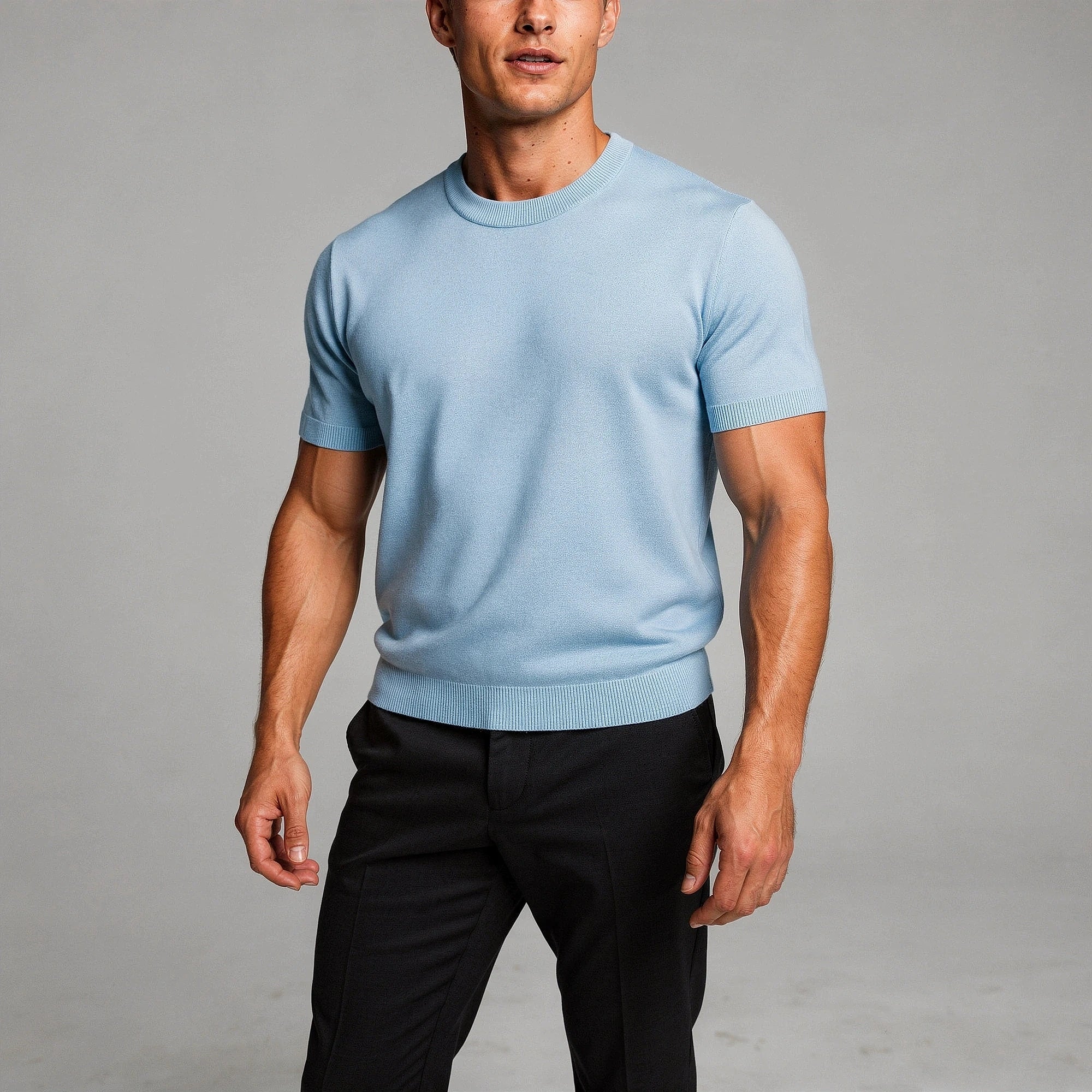 View of a slim fit crew neck long sleeve shirt in soft merino cashmere blend, featuring a classic design in a deep navy color