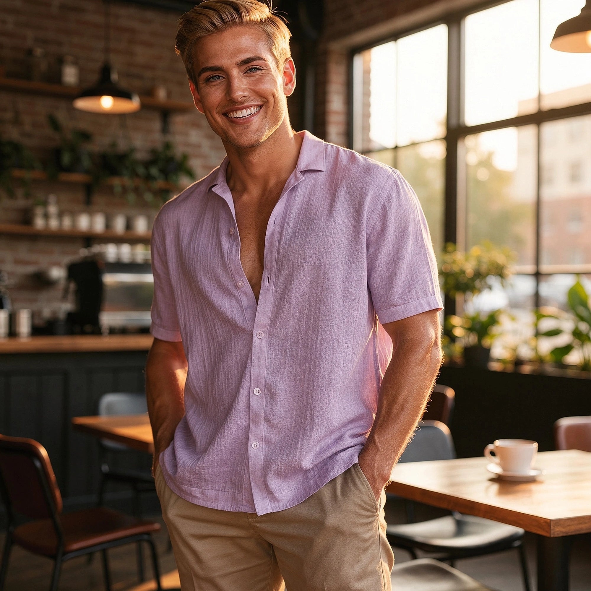 Light blue casual short sleeve button shirt made of soft cotton, featuring a relaxed fit and a subtle check pattern, view