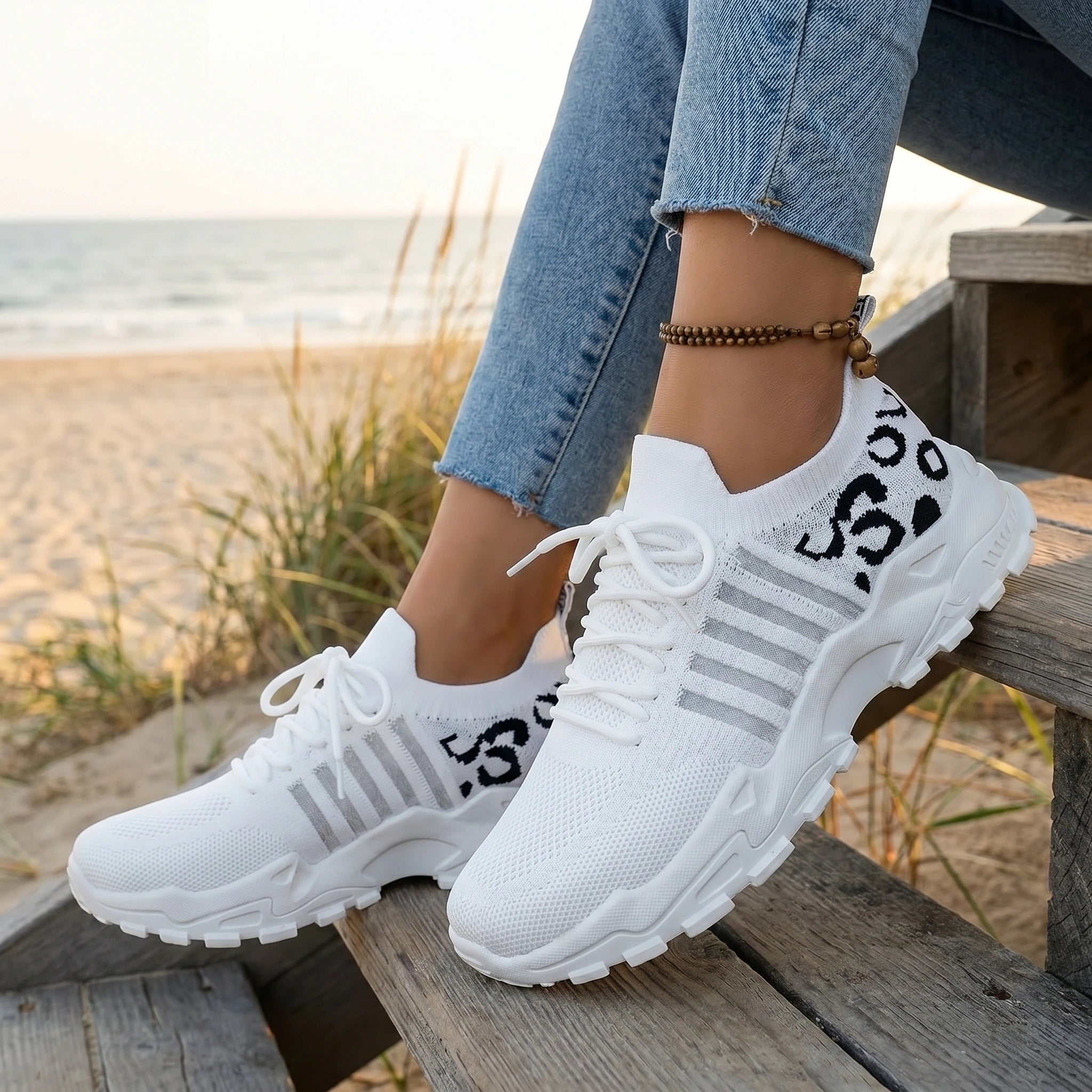 Close up view of the Womens Effortless Supportive Orthopedic Sneakers showing the soft fabric, intricate stitching, and ergonomic design for optimal comfort and style.