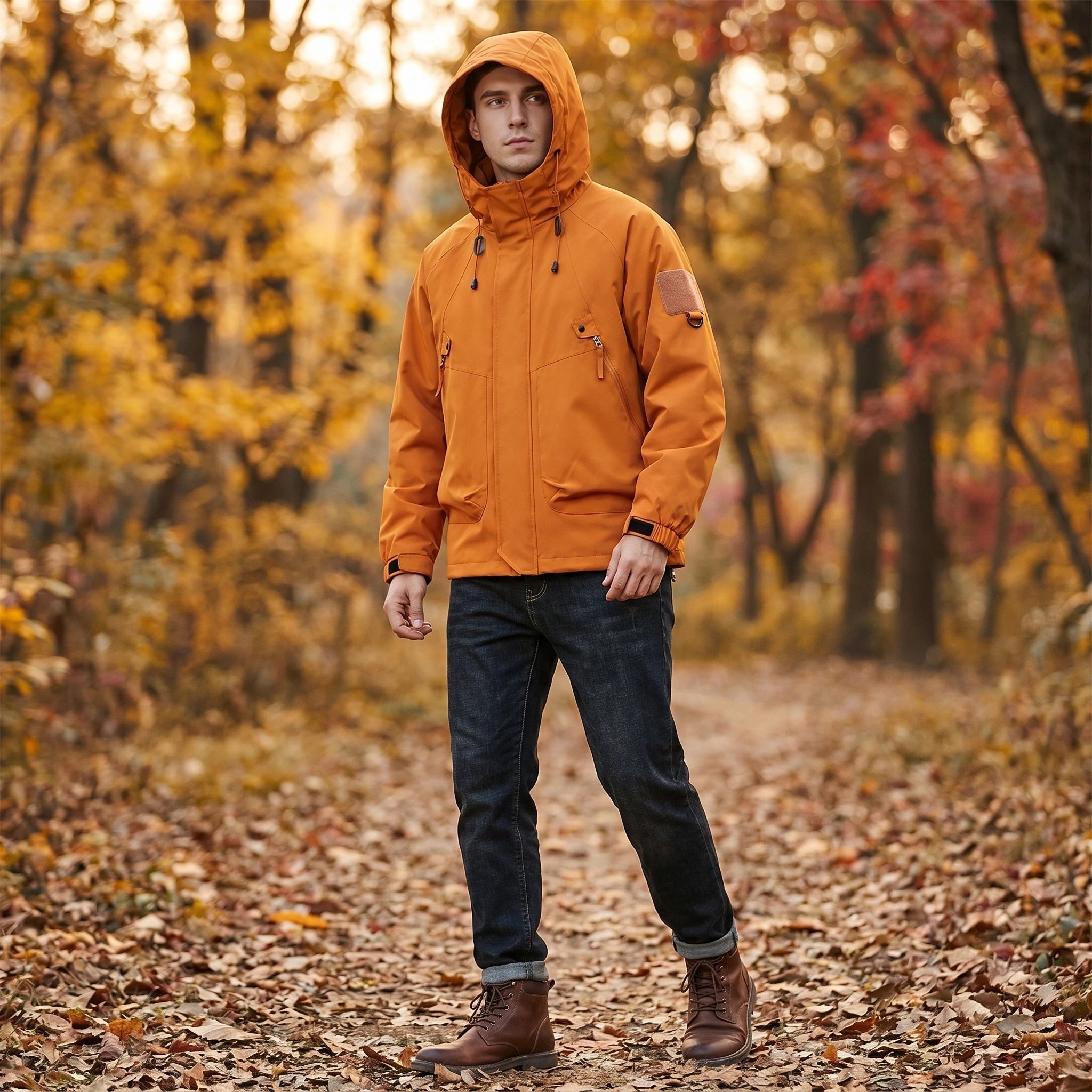 Close up view of the mens casual relaxed autumn hooded jacket showing the rich fabric texture and precise stitching details, perfect for fall outings.