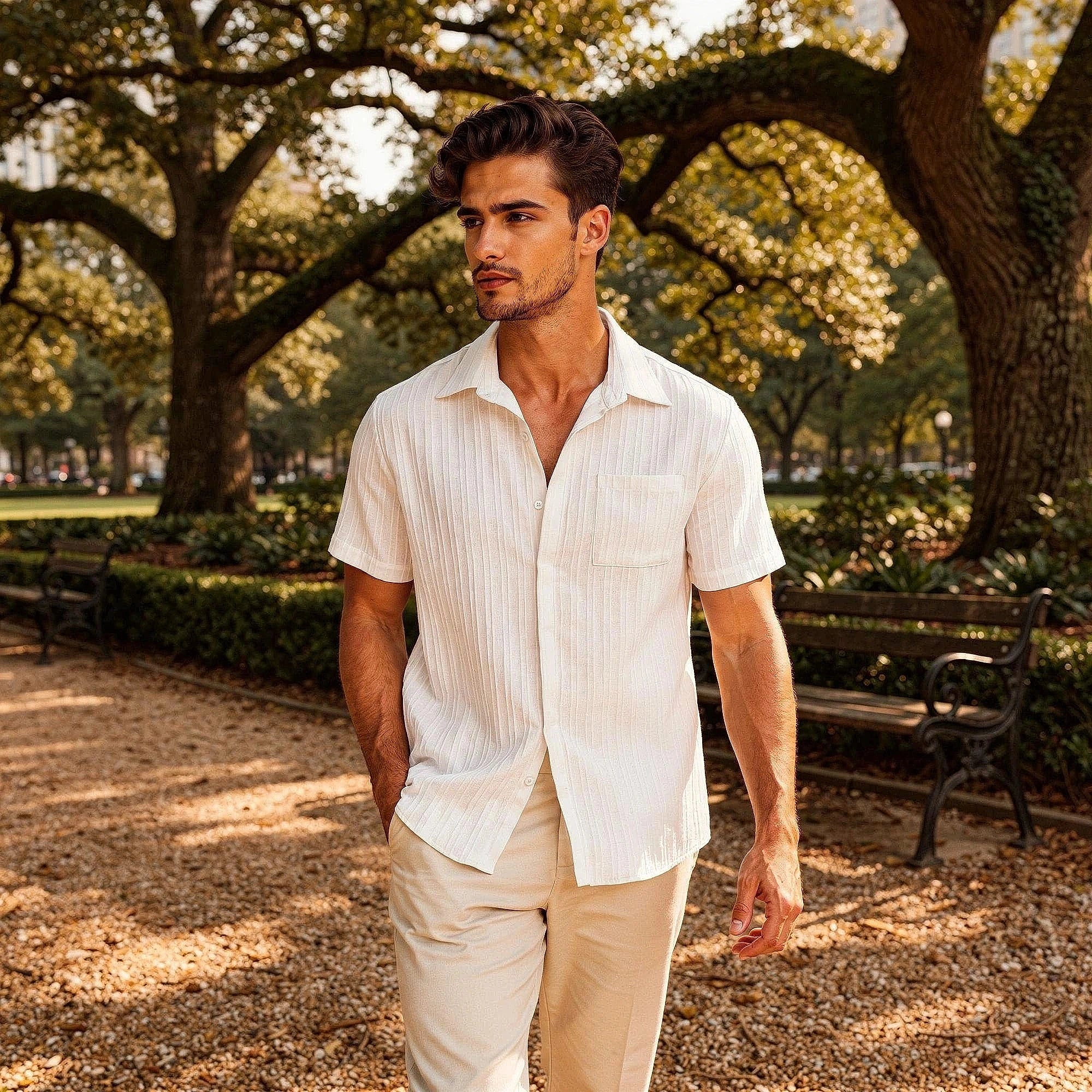 Light blue linen shirt with a relaxed fit, featuring a button down collar and short sleeves, view