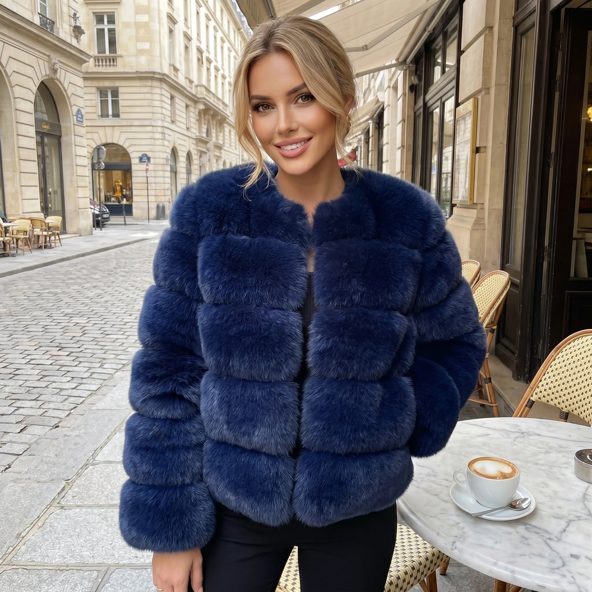 Close up view of the Womens Fluffy Autumn Coat showing its soft fabric texture, intricate stitching, and design details for a sophisticated look.