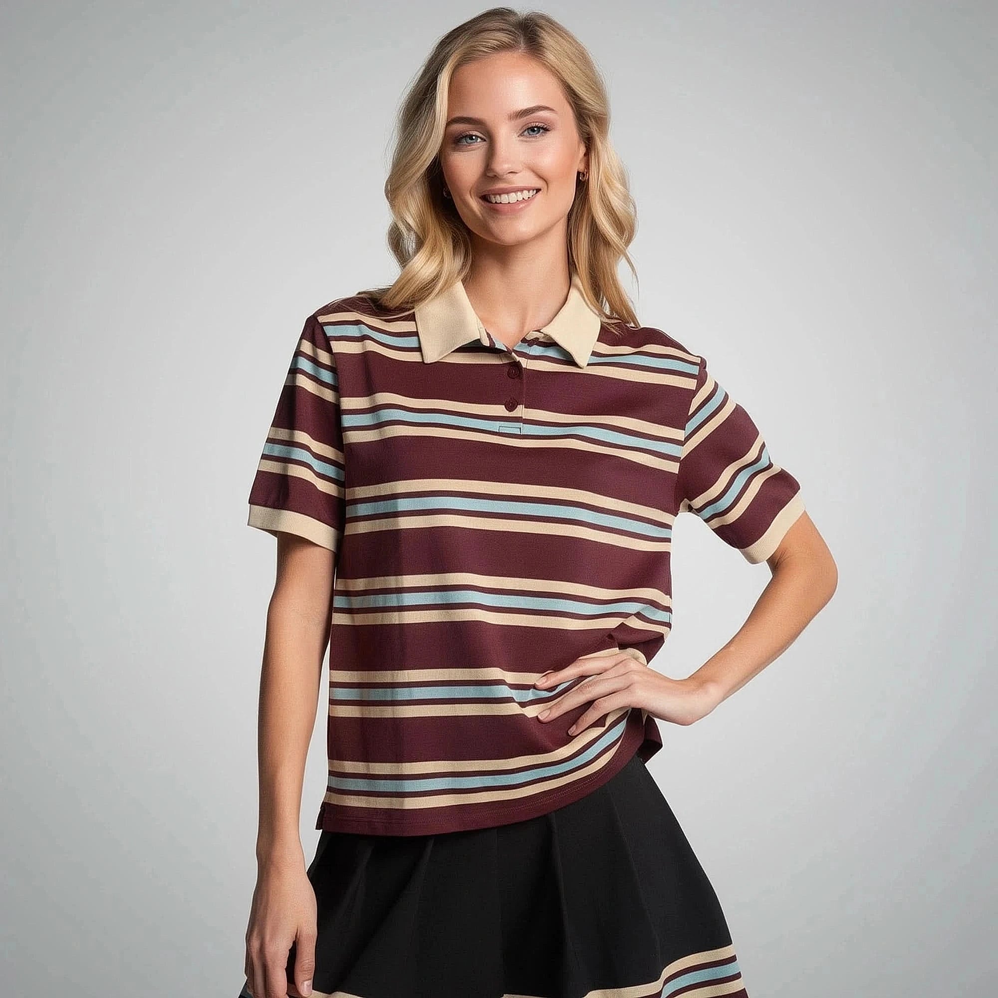 Light gray relaxed polo neck t shirt made of soft cotton, featuring short sleeves and a loose fit, view