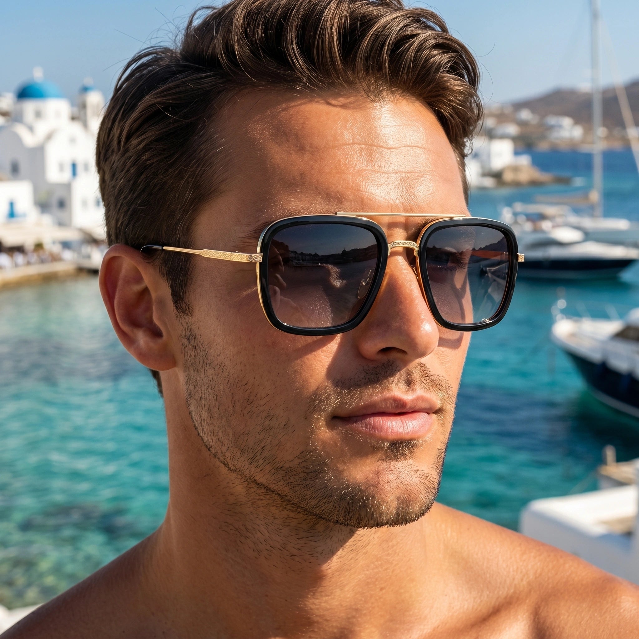 Close up view showing the intricate stitching and retro square frame of the men's sunglasses, showing their distinctive design and high quality craftsmanship.