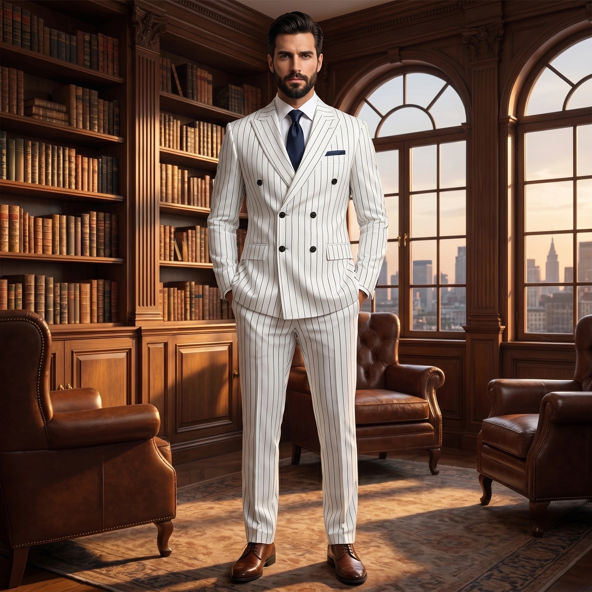 Close up view of the mens tailored sophisticated suit showing the fine fabric texture and precise stitching details, set against a neutral background.
