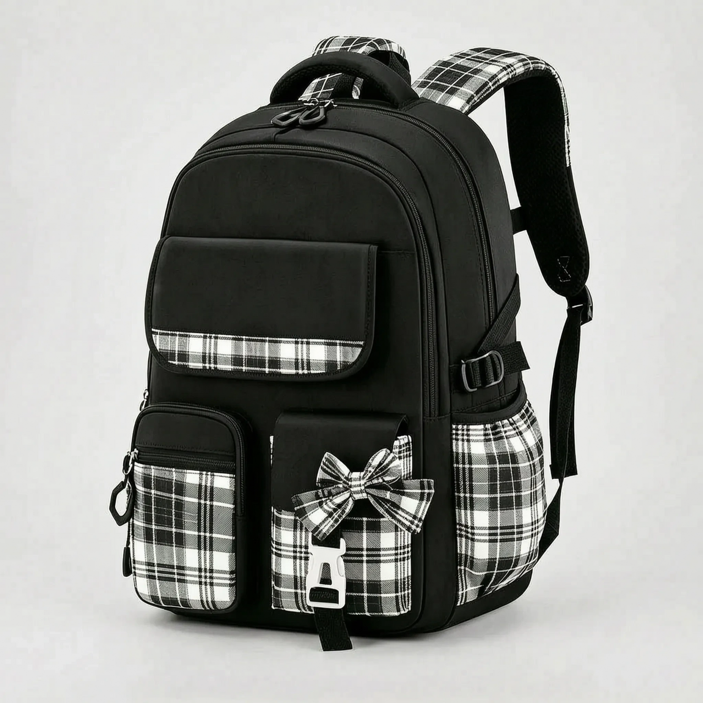 View of a stylish checkered school backpack featuring padded shoulder straps and a spacious compartment