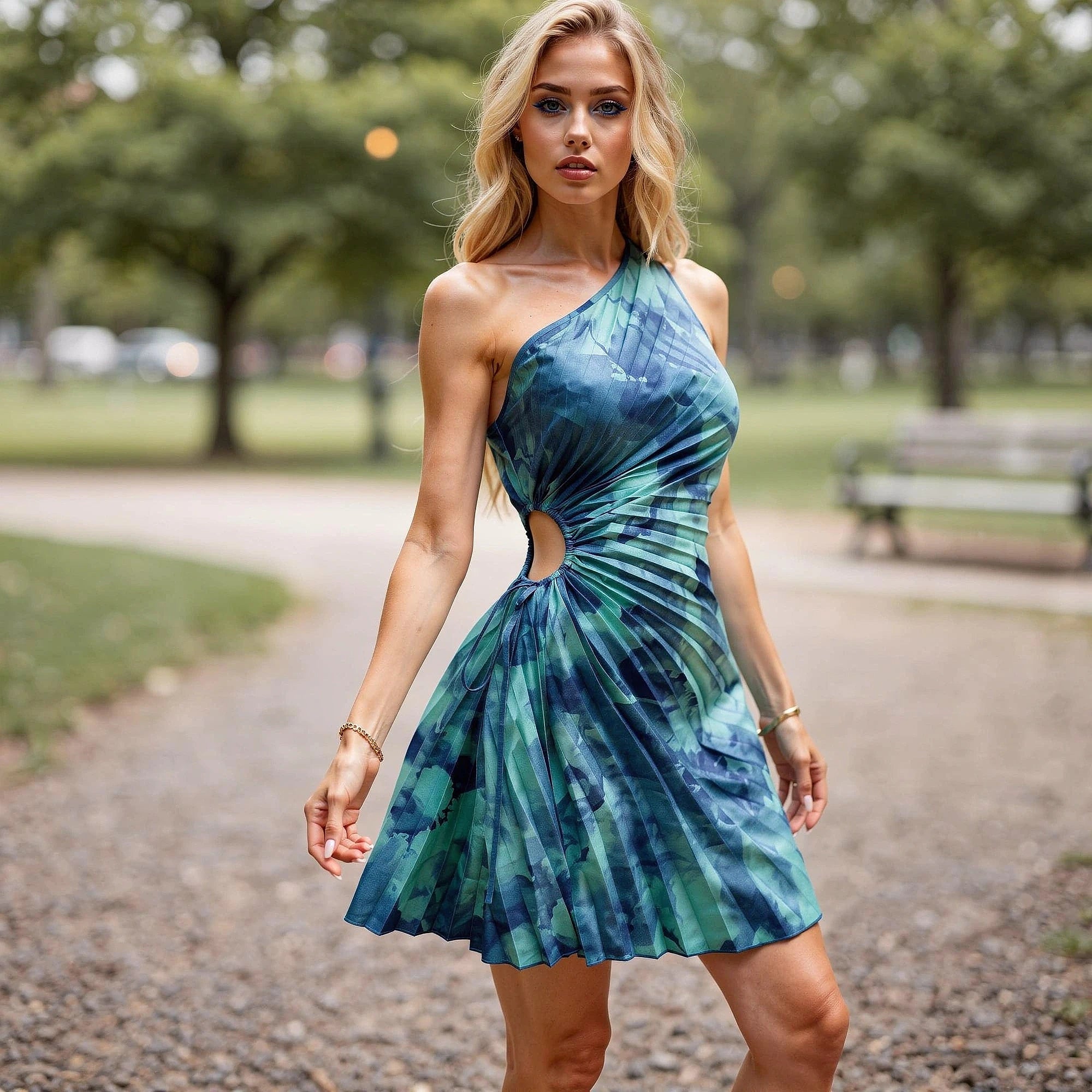 View of a cut out waist dress in soft fabric, featuring a vibrant floral pattern and a fitted silhouette