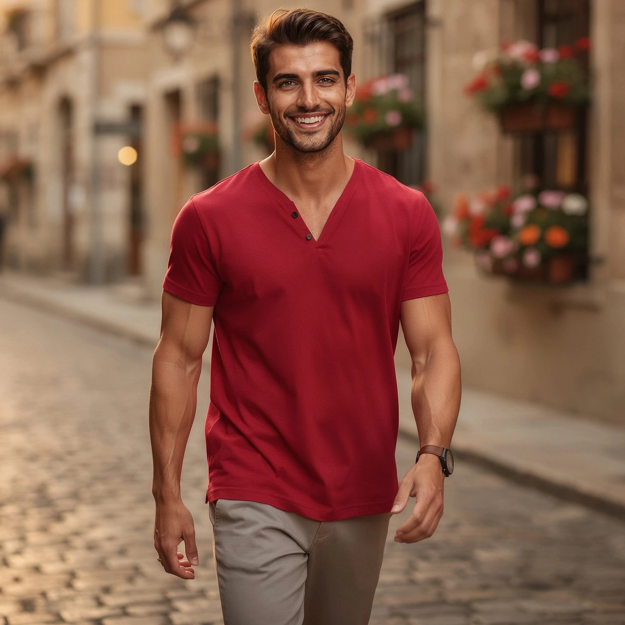 Light gray short sleeve V neck t shirt made of soft cotton, view showcasing the neckline and fabric texture