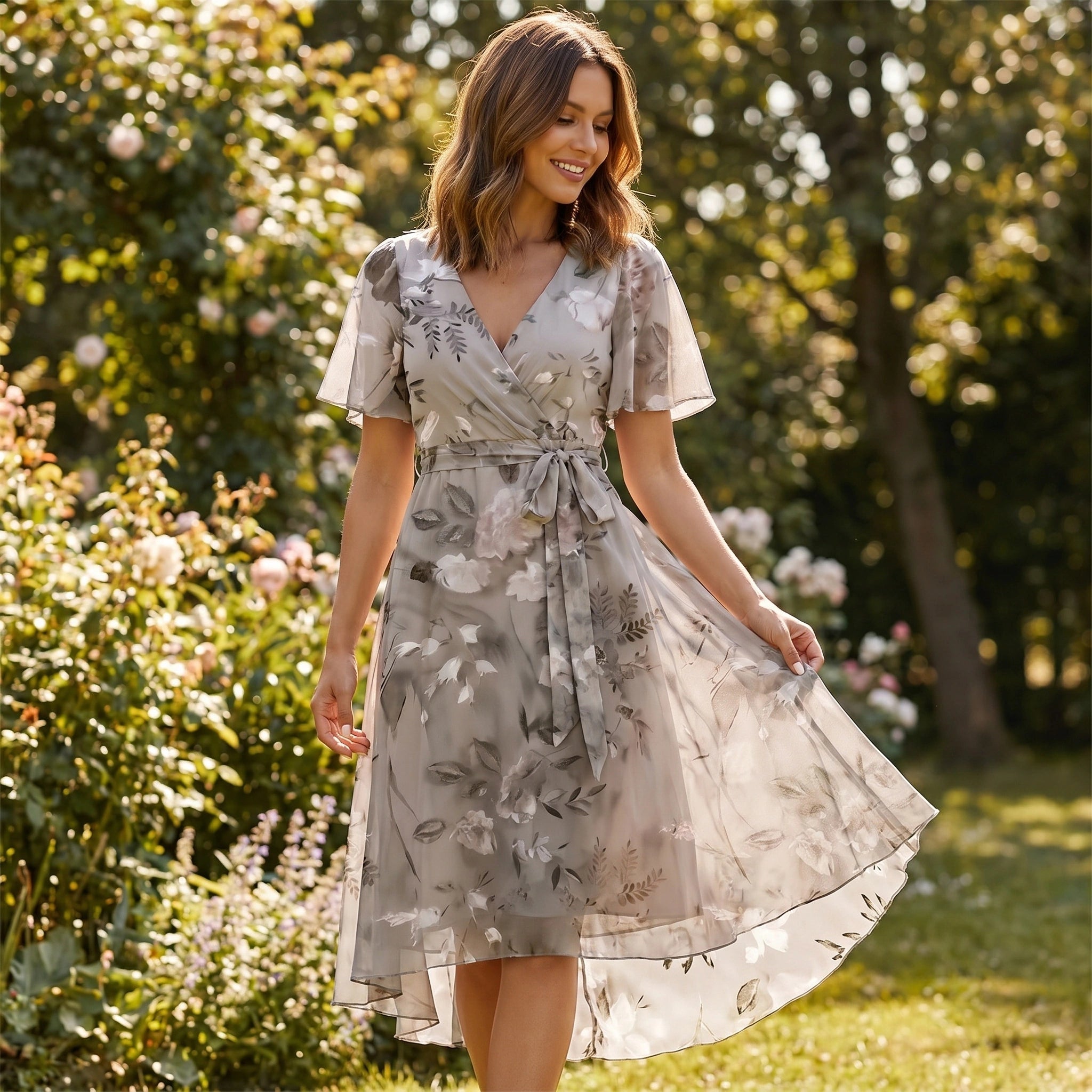 Close up of the Womens Flowy Summer Dress showing the soft fabric, delicate stitching, and vibrant floral pattern, perfect for garden parties and brunches.