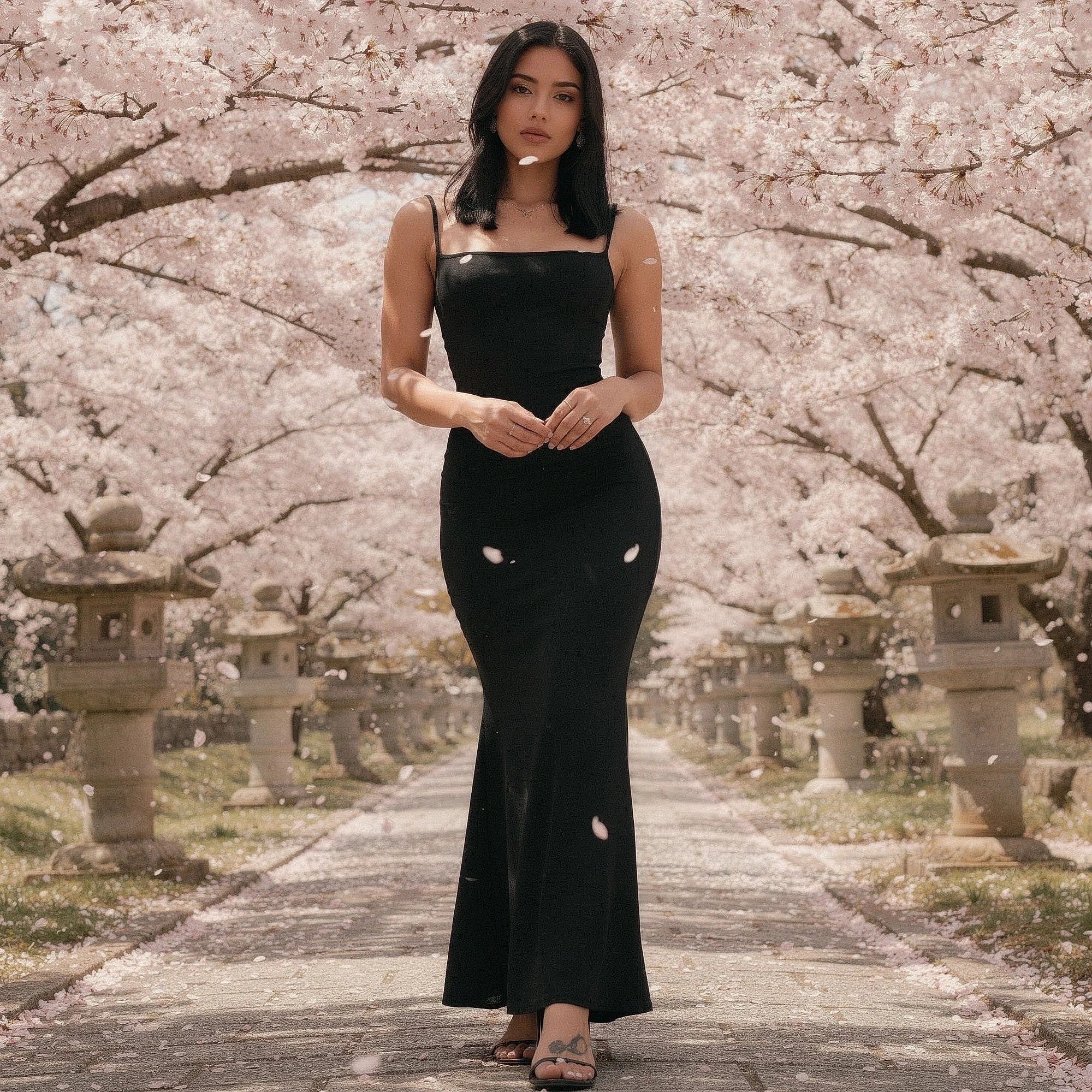Elegant slim maxi dress in soft, flowing fabric, featuring a deep V neckline and delicate spaghetti straps, view