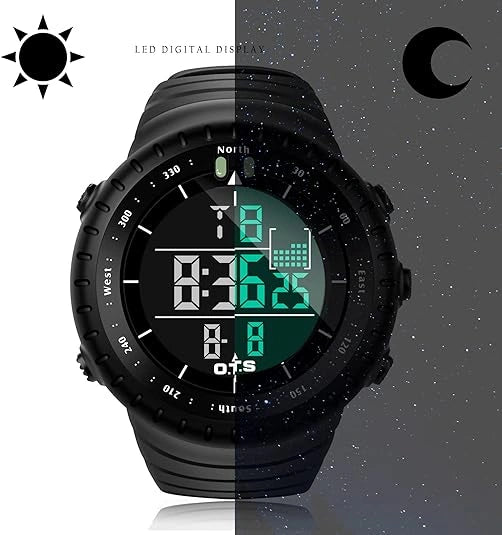 View of a robust digital waterproof watch featuring a black case, digital display, and adjustable rubber strap