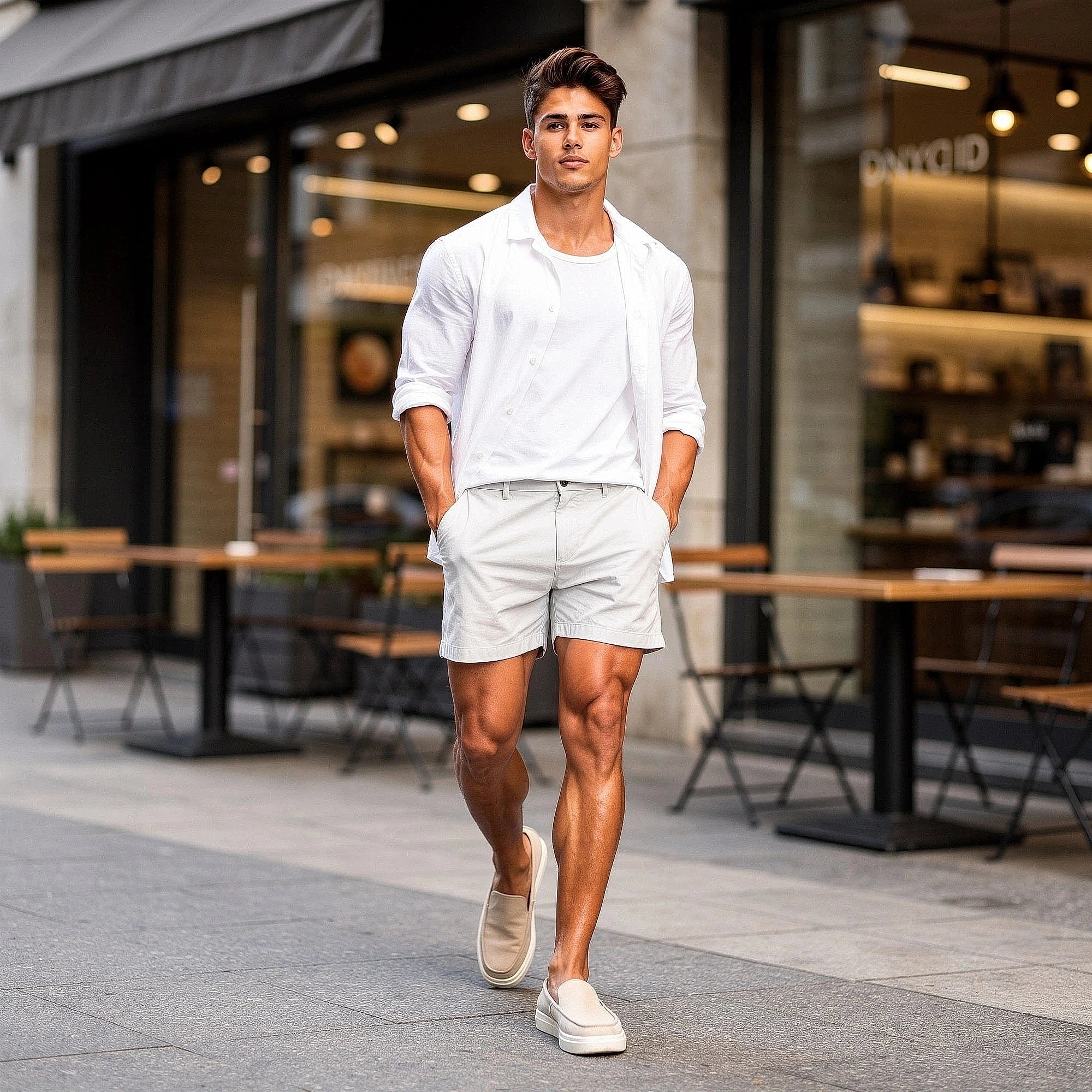 View of men's athletic fit stretch chino shorts in light gray, featuring a comfortable waistband and pockets
