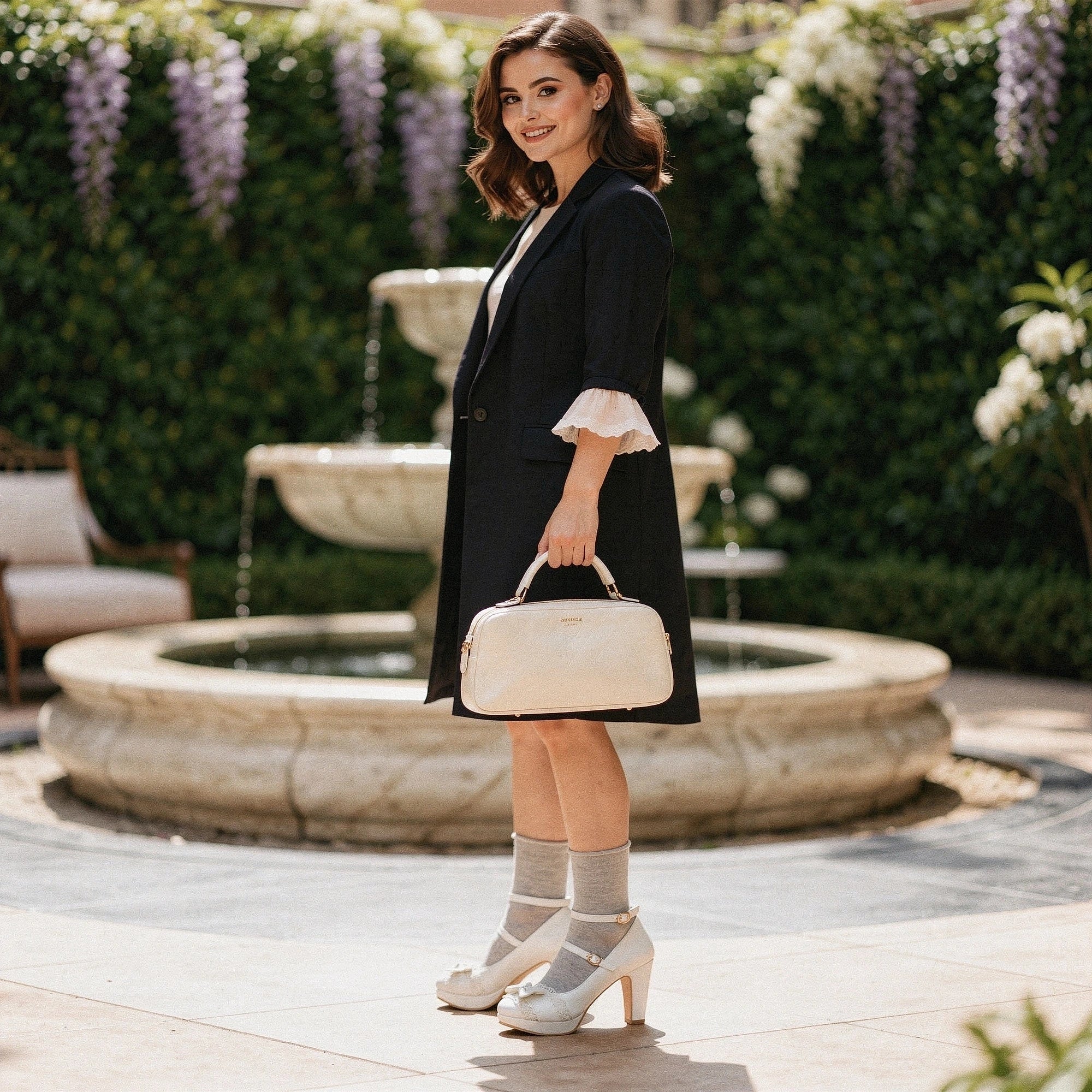 View of charming high heeled shoes featuring a velvet material, lace frill accents, and a soft pink color
