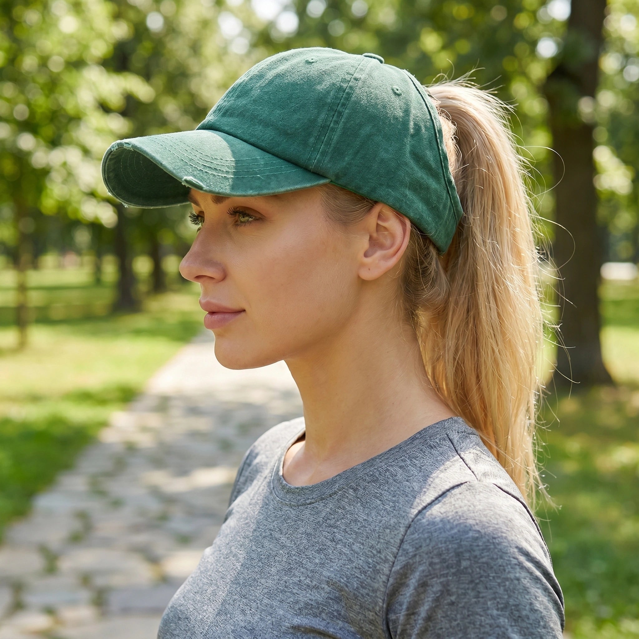 A model showcases a washed cotton baseball cap in a full front view, paired with a casual outfit against a neutral background.