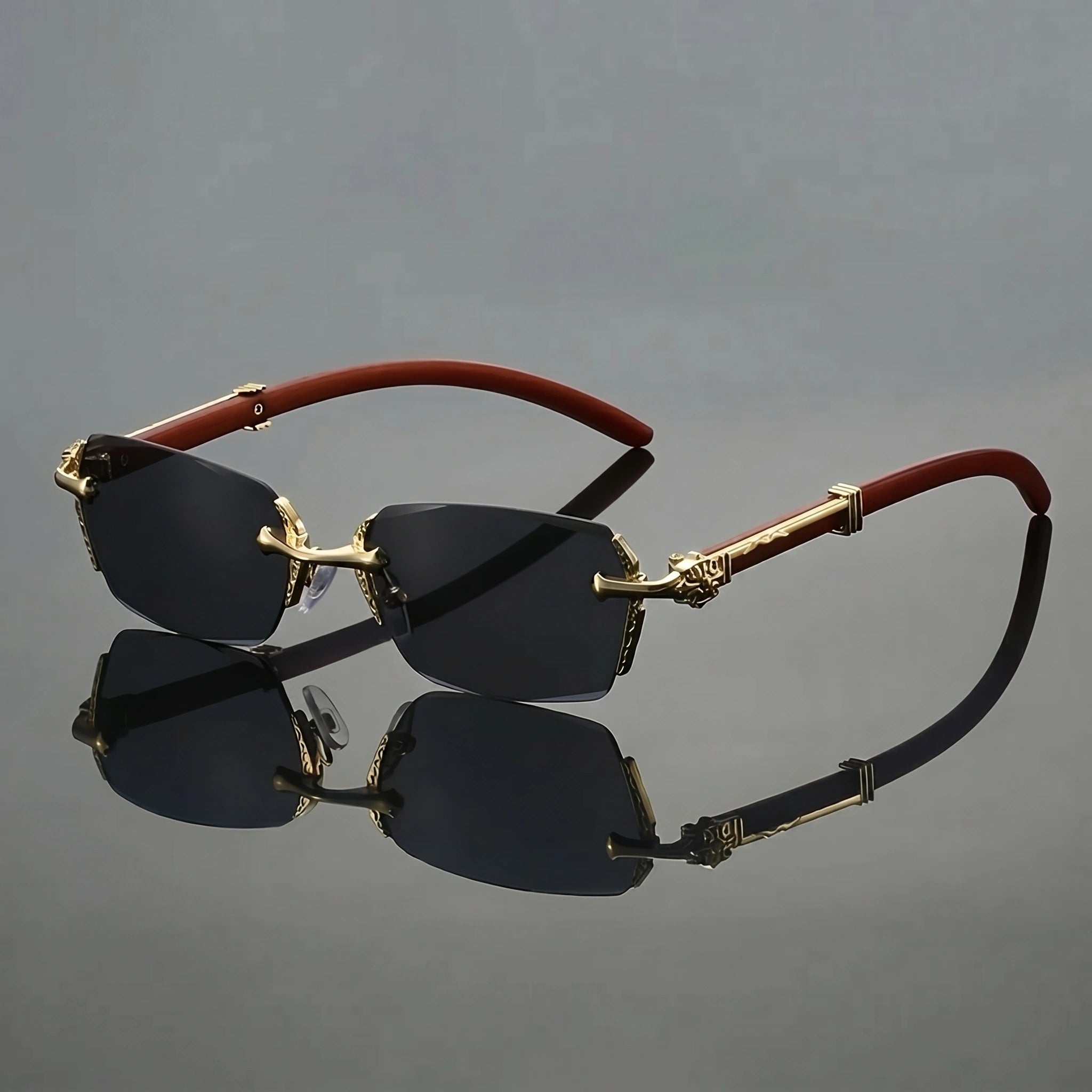 Close up view of the men's gradient semi rimless sunglasses showing the sleek frame design and intricate detailing against a soft neutral background.