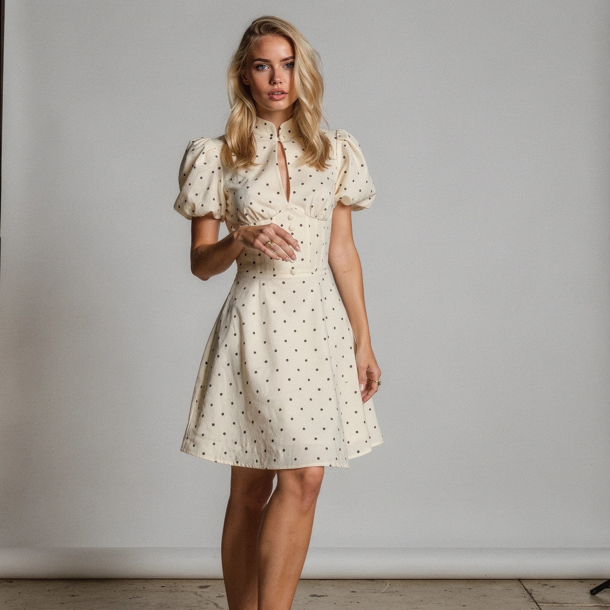 View of a stylish mini dress in soft pastel pink, featuring a playful ruffled hem and short sleeves