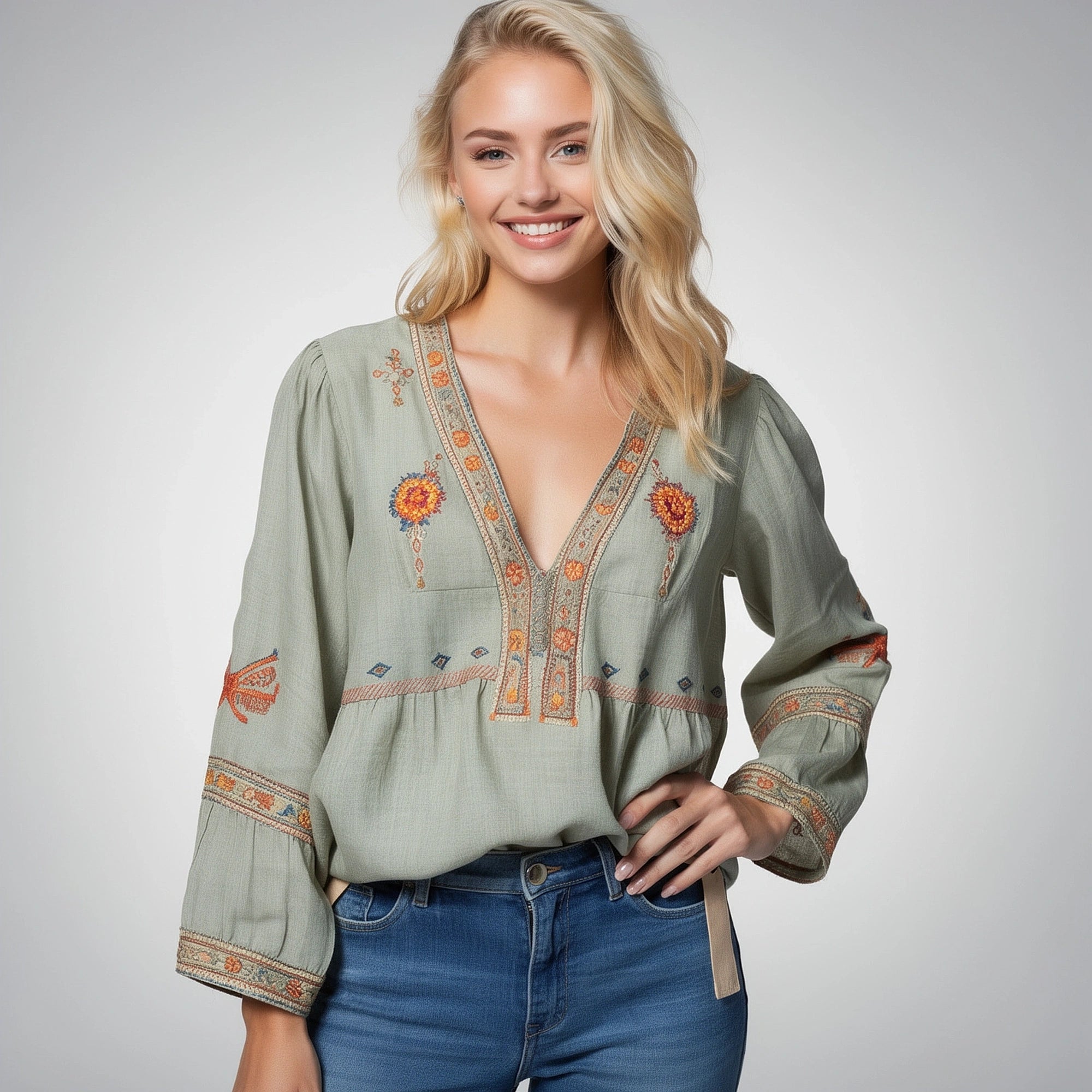 View of a white bohemian embroidered V neck blouse featuring intricate floral patterns and lightweight fabric