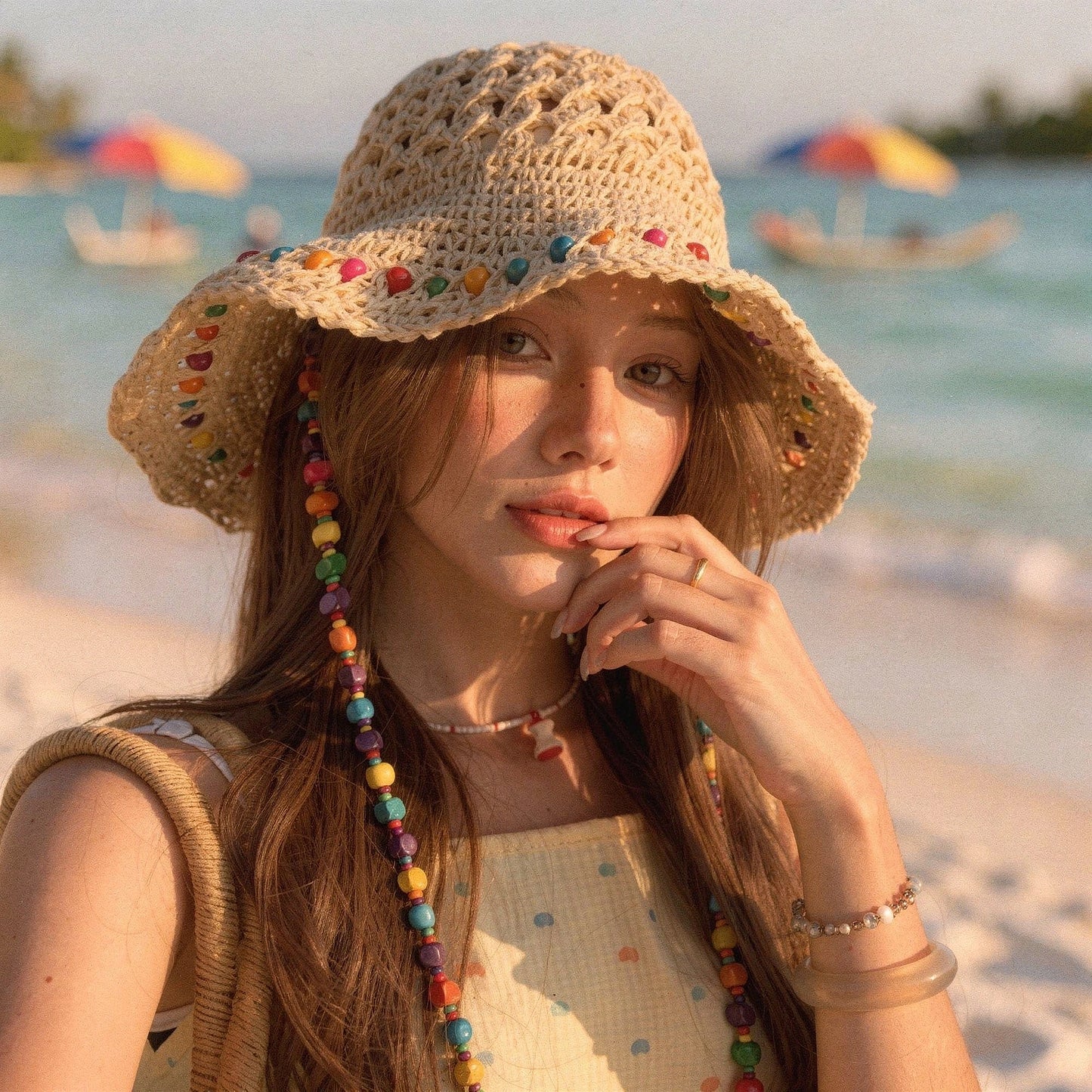 Colorful crochet summer bucket hat in vibrant hues, featuring a wide brim and textured design, view