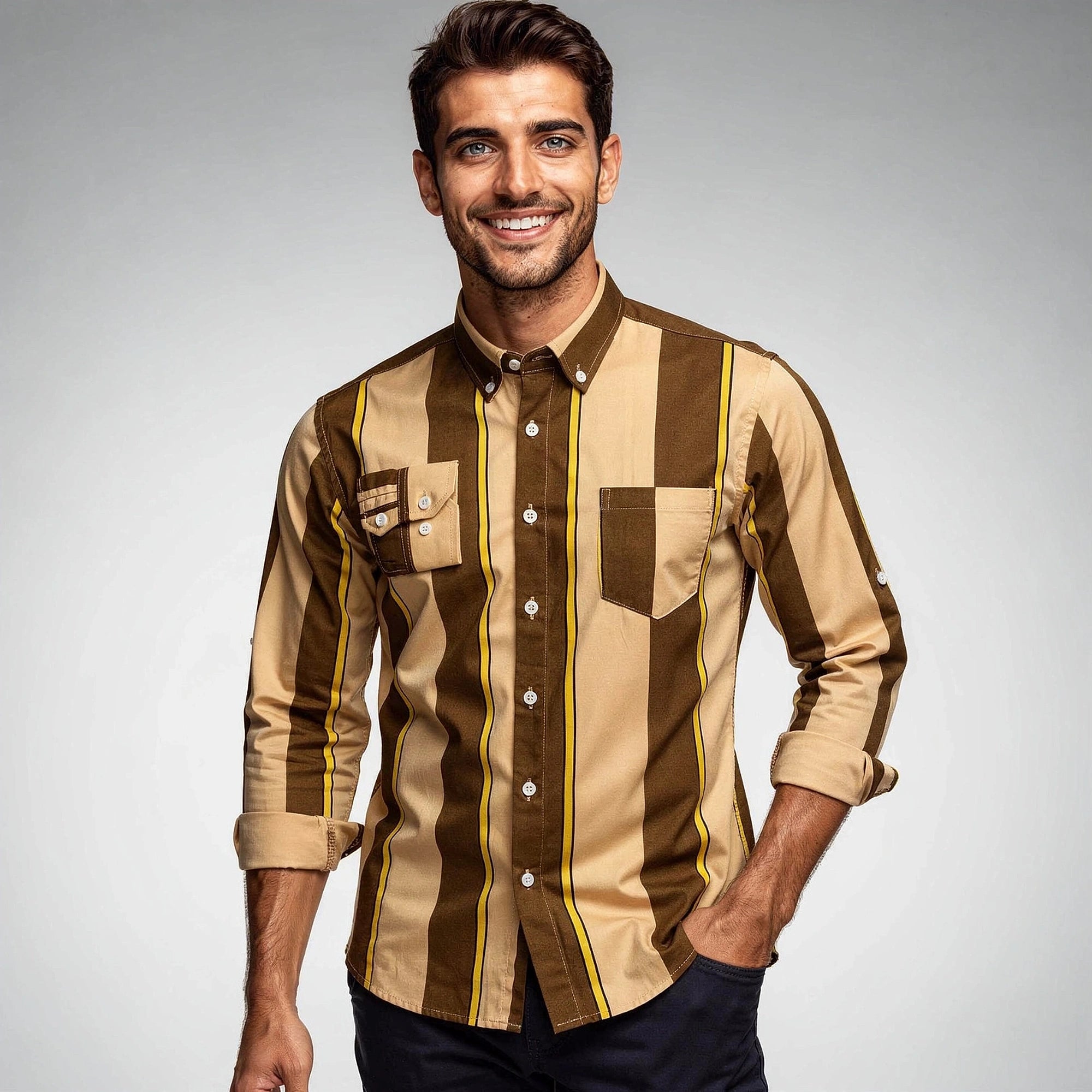 View of a stylish tailored cotton shirt in light blue, featuring a classic collar and button down