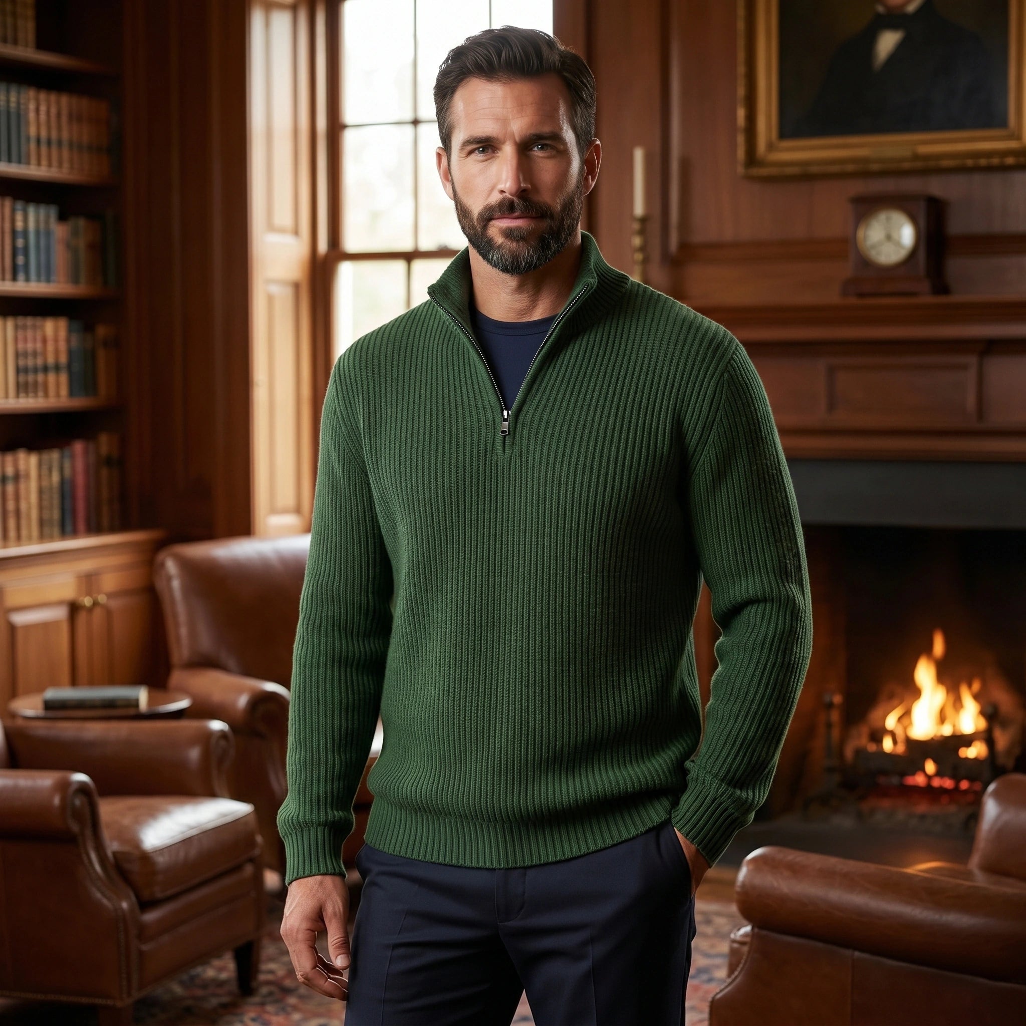 Close up of the men's refined quarter zip sweater showing its luxurious fabric texture and precise stitching in a sophisticated neutral color.