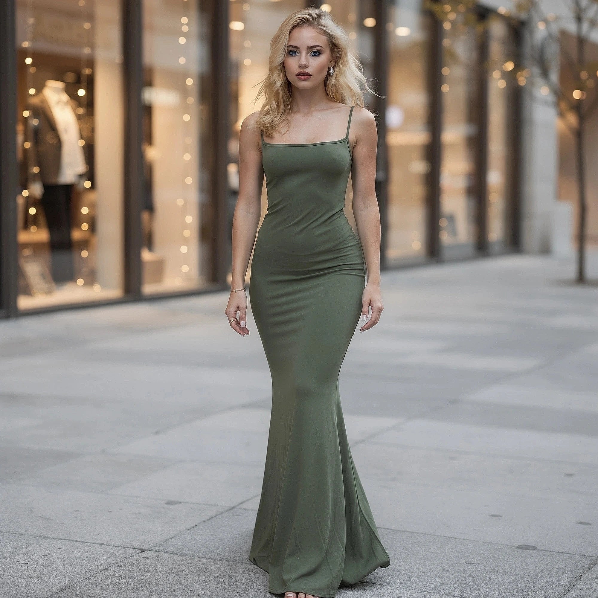 Elegant slim maxi dress in soft, flowing fabric, featuring a deep V neckline and delicate spaghetti straps, view