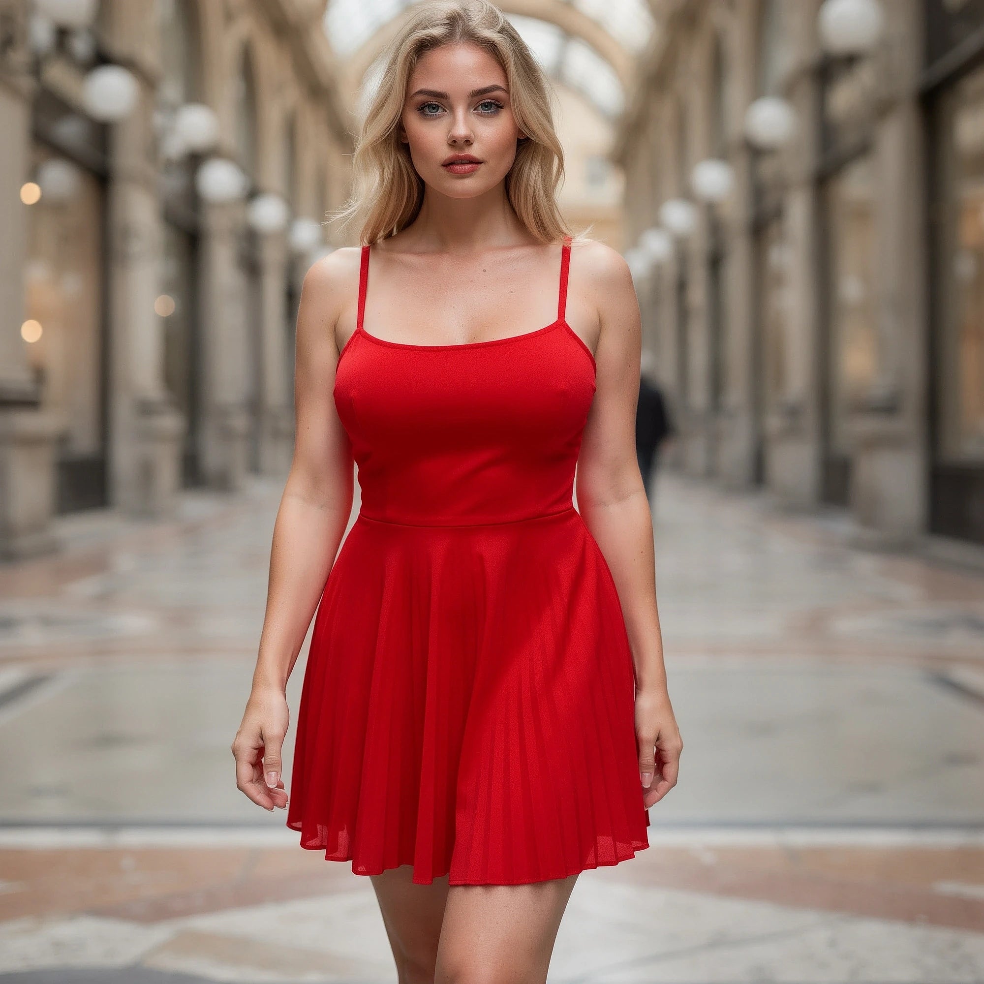 View of an elegant pleated mini dress in soft fabric, featuring a fitted bodice and flowing skirt in a rich shade