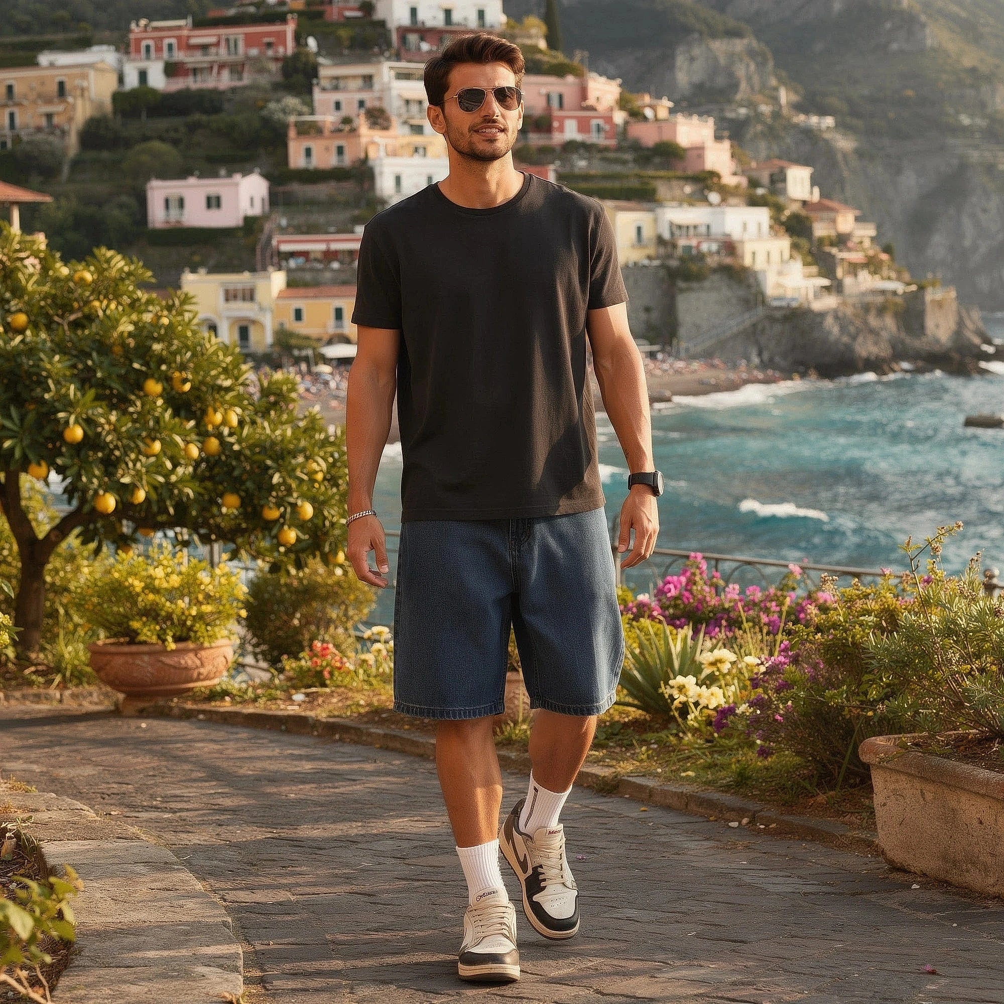 View of trendy loose straight leg denim shorts in light blue, featuring a classic five pocket design and frayed hem
