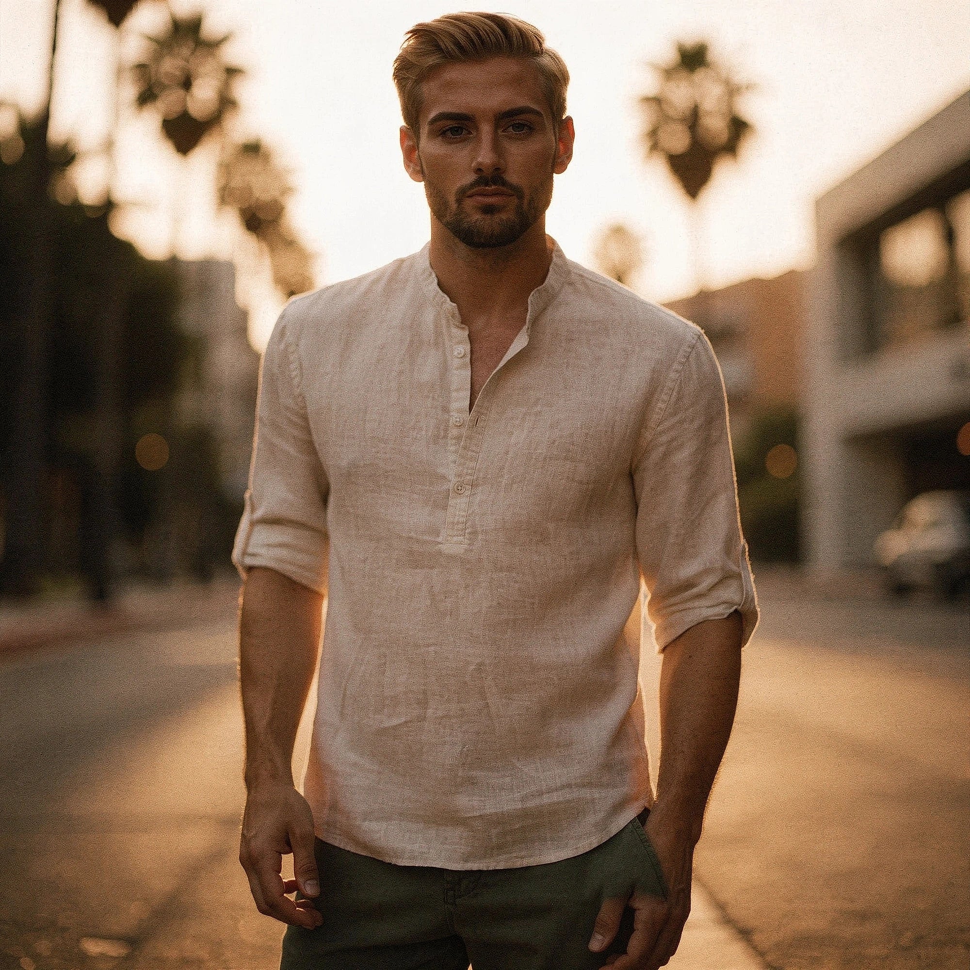 View of a relaxed fit autumn shirt in warm rust color, featuring a soft cotton material and button down collar
