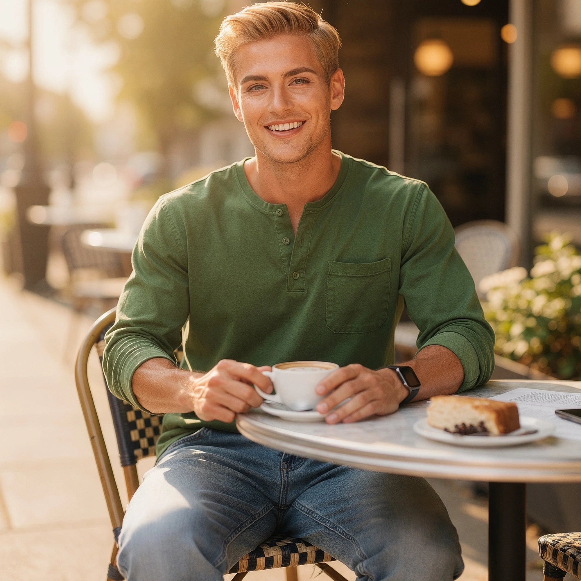 View of a navy blue long sleeve henley shirt made of soft cotton, featuring a relaxed fit and button placket
