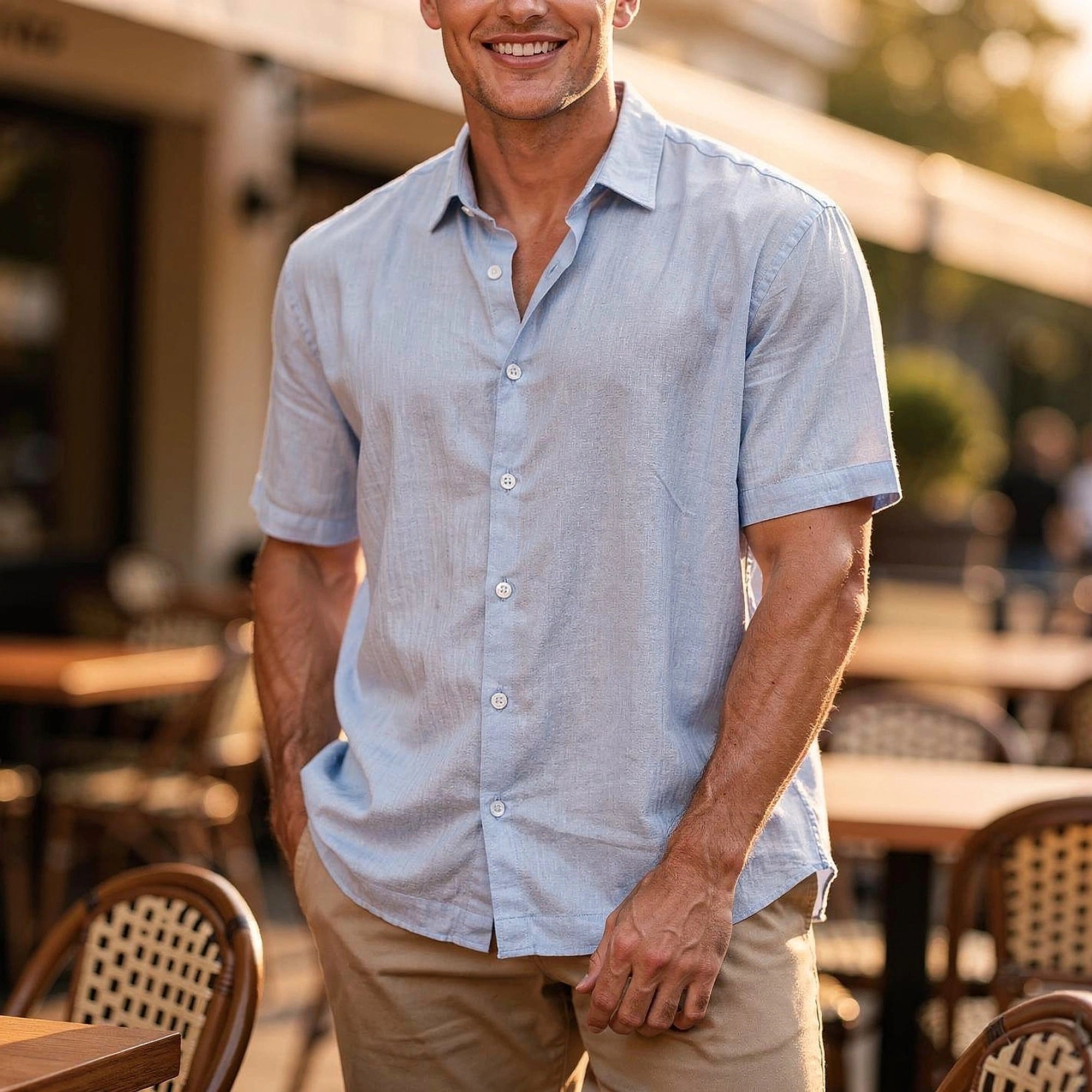 View of a light blue casual short sleeve button shirt made from soft cotton, featuring a relaxed fit and a curved hem