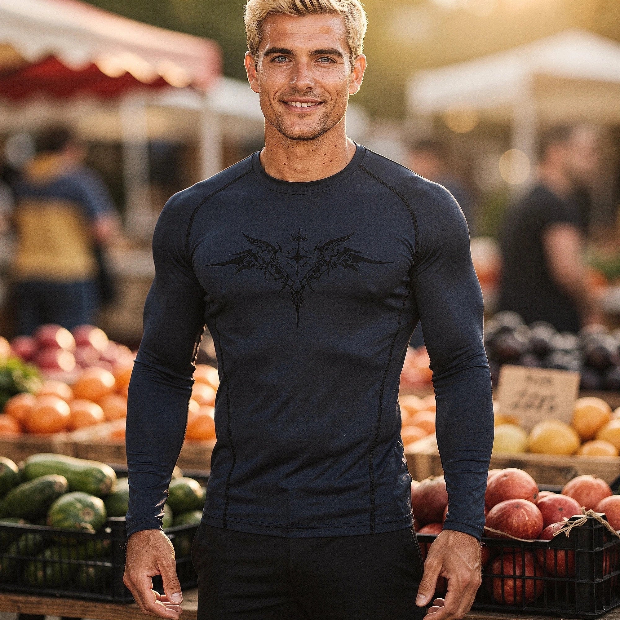 View of a black men's quick drying compression tee featuring short sleeves and a fitted design