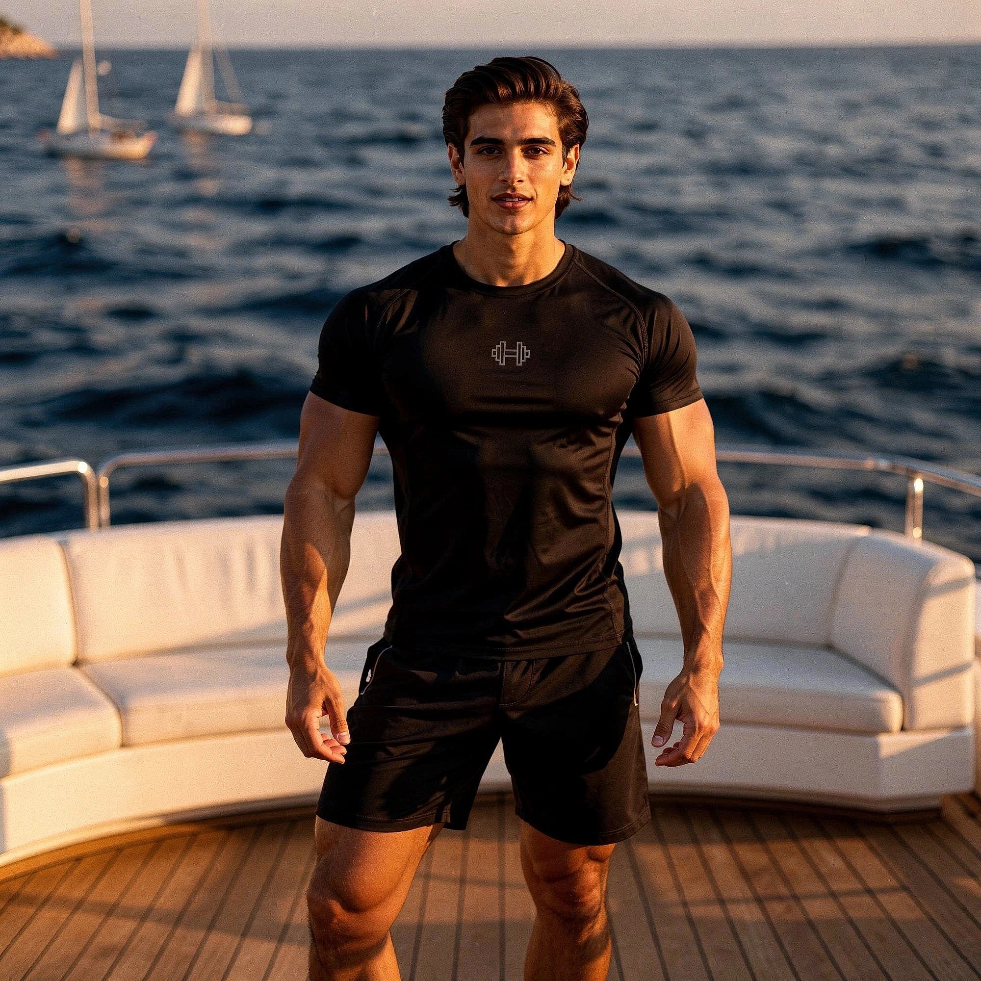 View of a reflective elastic athletic gym tee in dark gray, showcasing the breathable fabric and short sleeves