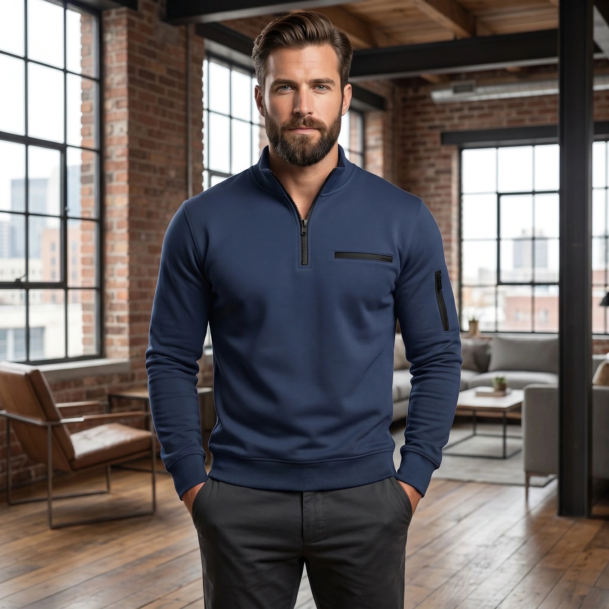 Close up view of the Men's Quarter Zip Sweater showing the soft fabric texture, detailed stitching, and modern design elements for everyday elegance.