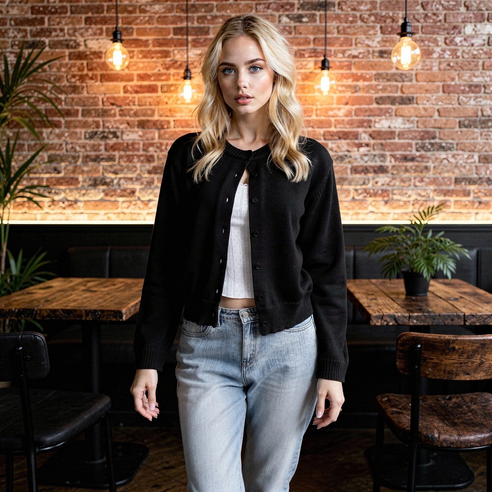 Light gray cropped cardigan with a soft knit texture, featuring a button up and ribbed cuffs, view