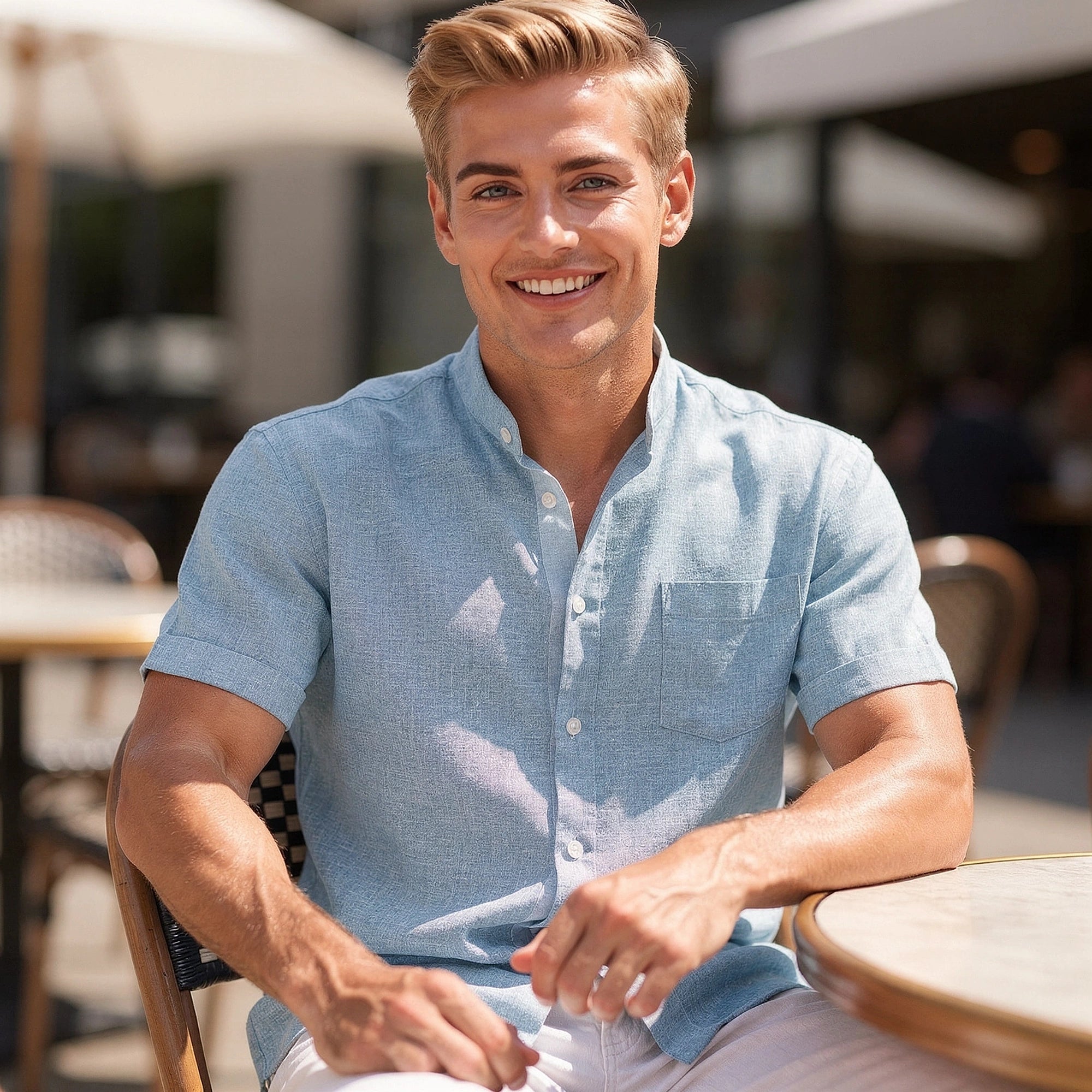 View of a relaxed fit henley shirt in light gray cotton, featuring a three button placket and a casual style