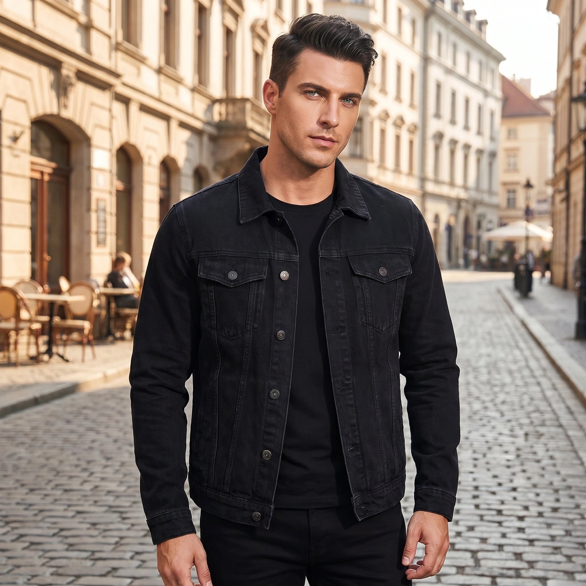 Close up of the Mens Classic Tailored Denim Jacket showing the premium fabric texture, precise stitching, and sophisticated design elements against a neutral background.