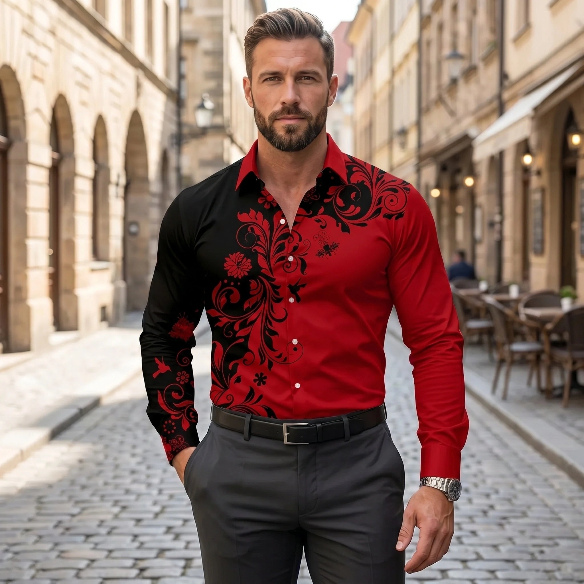 Close up view of the Mens Vibrant Casual Spring Shirt showing the intricate stitching and lightweight fabric in a colorful, perfect for spring styling.