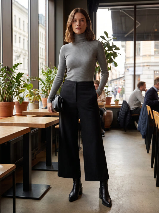 Close up view of the women's tailored autumn cropped trousers showing the high waisted design, fine stitching, and textured fabric in a rich autumn hue.