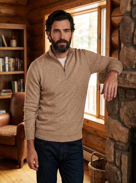 Front view of a male model wearing a navy Mens Elevated Texture Quarter Zip Sweater, styled with tailored trousers against a neutral background.