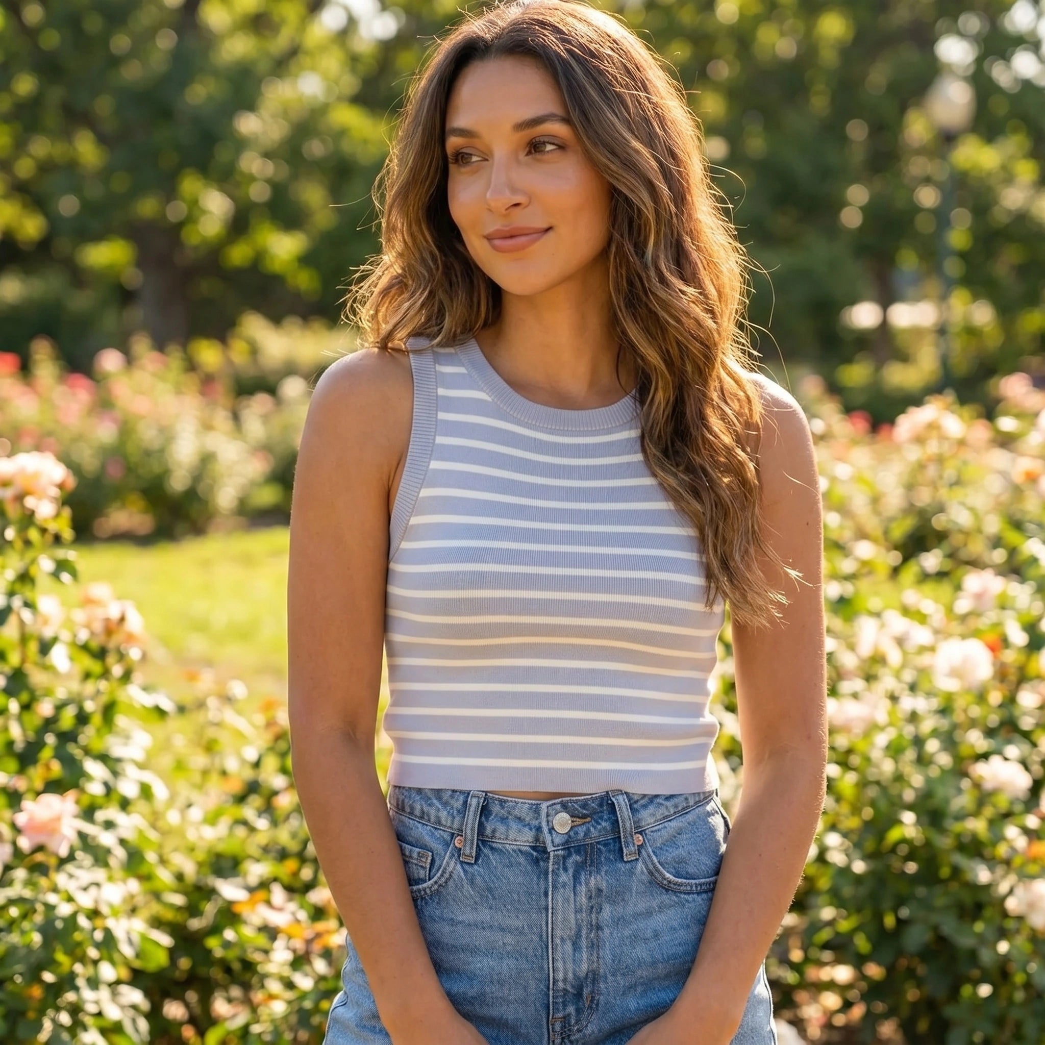 Close up view of the Womens Sleek Elastic Summer Tank Top showing its smooth fabric, precise stitching, and design details against a neutral background.