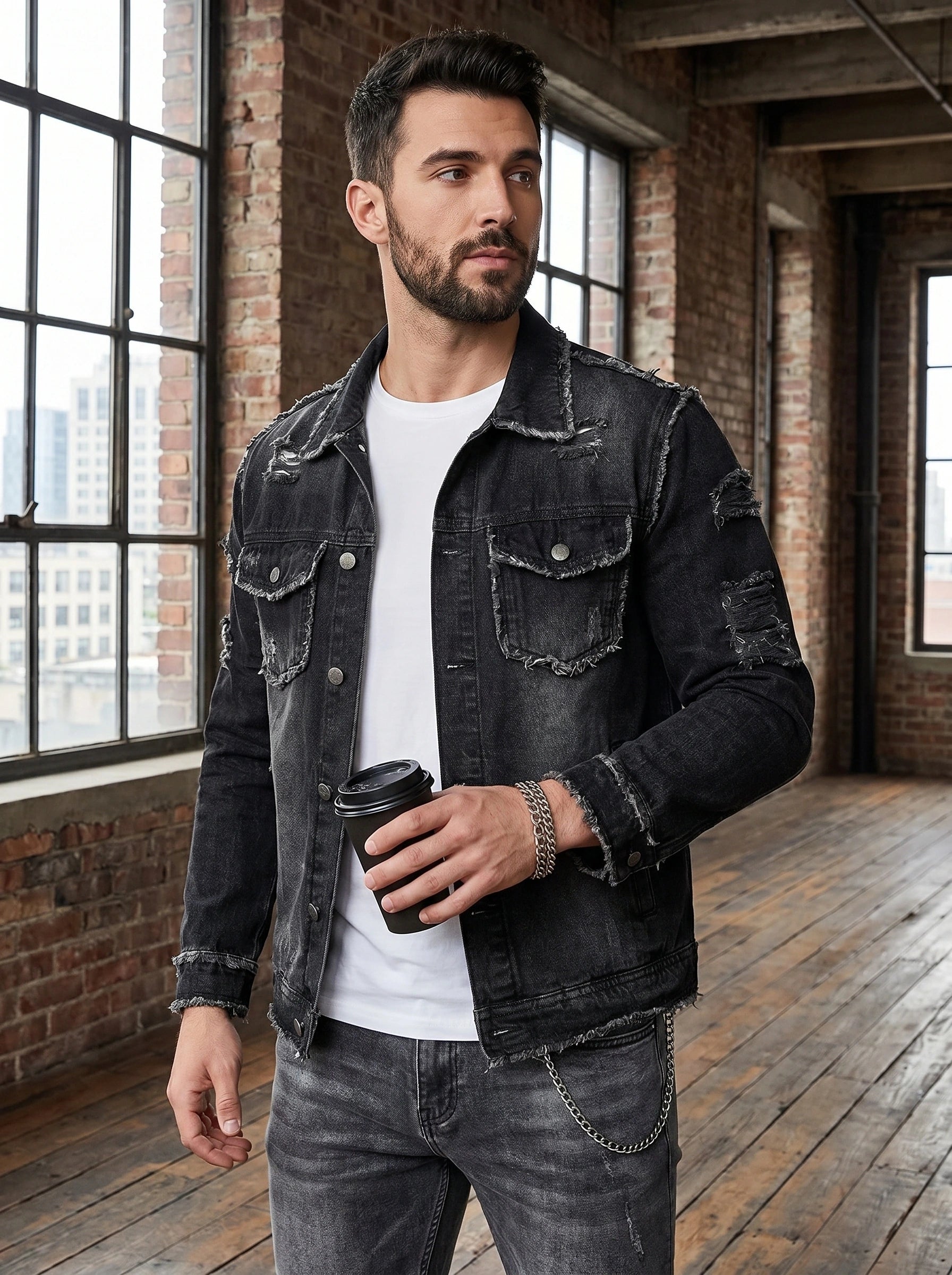 Close up view of the men's casual sturdy relaxed denim jacket showing the textured fabric, detailed stitching, and classic design elements against a neutral background.