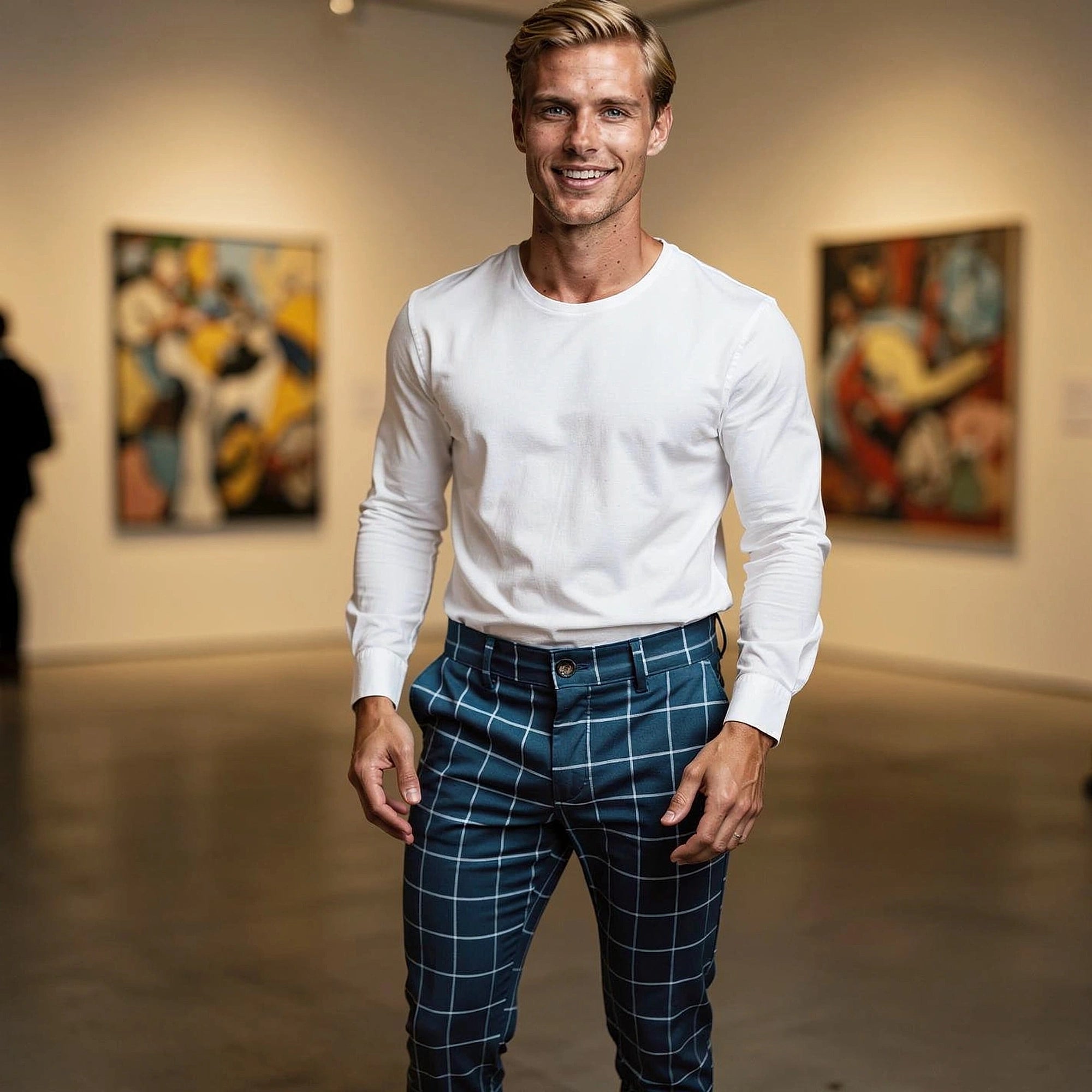 View of modern tailored tapered trousers in charcoal gray fabric, featuring a sleek waistband and pockets
