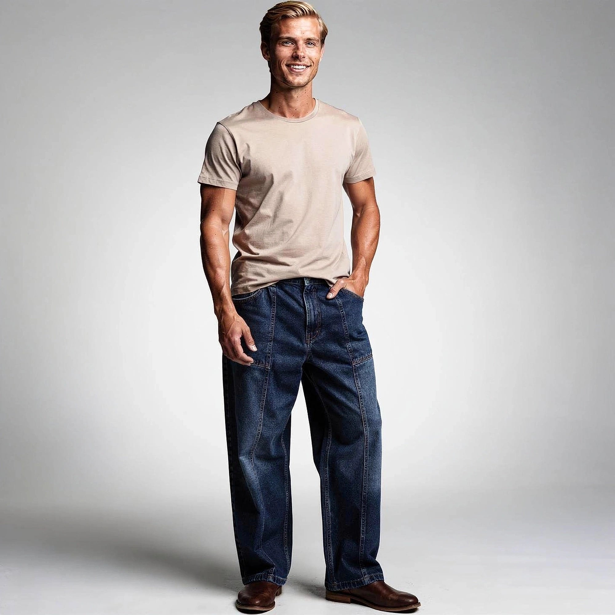 Light blue relaxed wide leg denim pants with a high waist and subtle fading, detailed view showcasing fabric texture and stitching