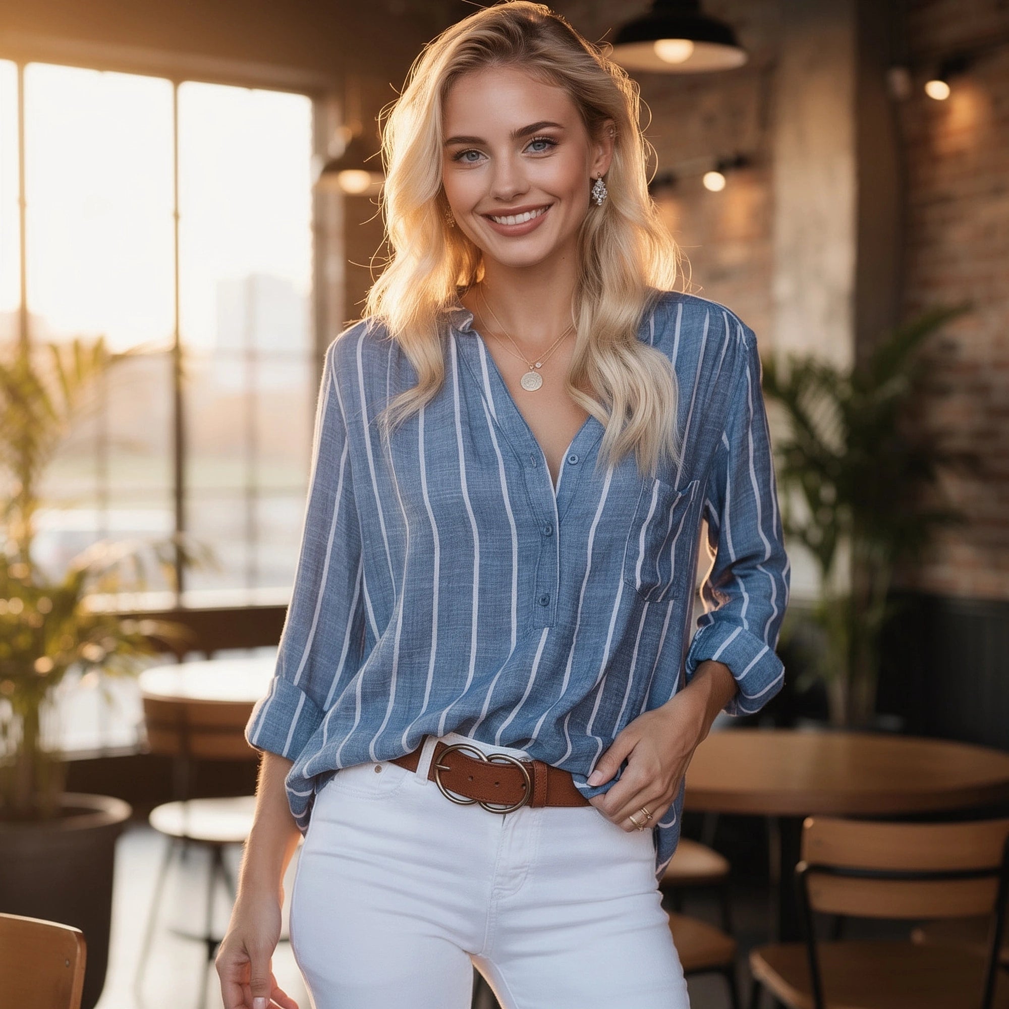 Lightweight, relaxed striped blouse in soft cotton, featuring a round neckline and short sleeves, view showing fabric texture