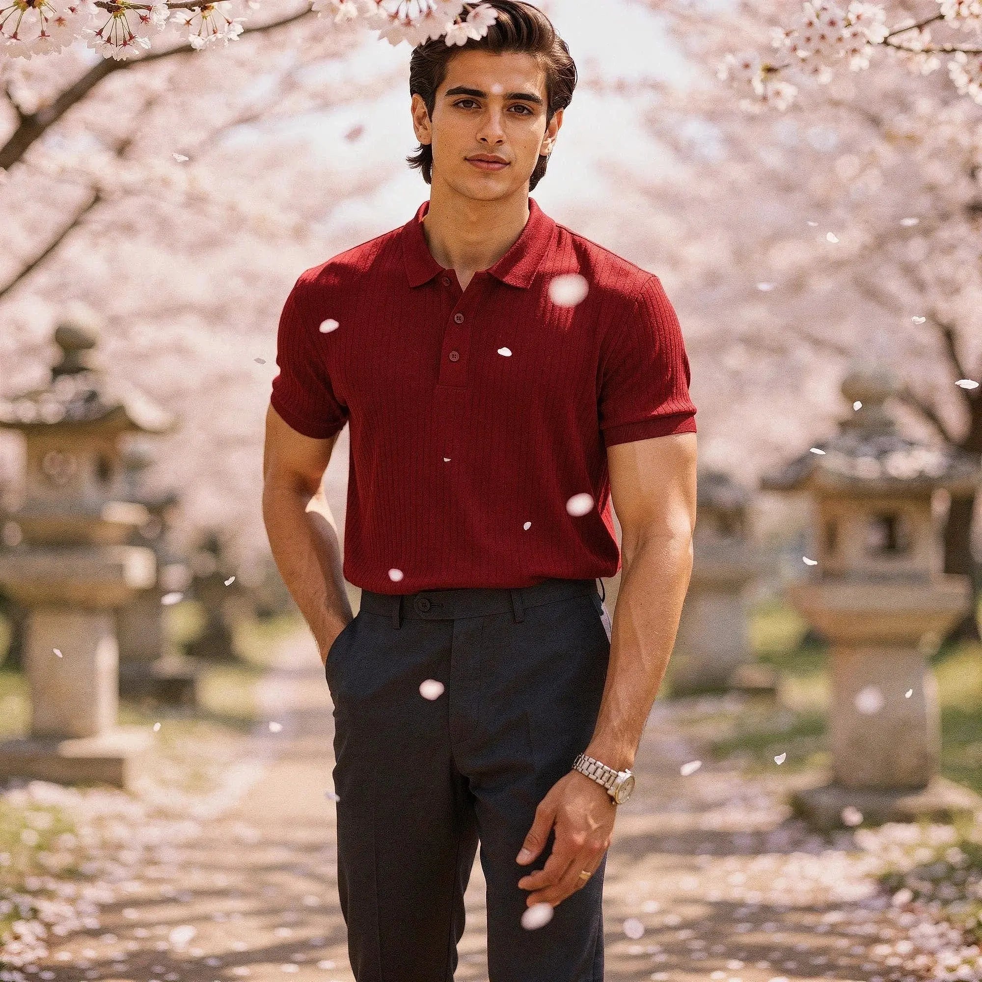View of a slim fit short sleeve polo t shirt in light blue, featuring a soft cotton blend and a classic collar
