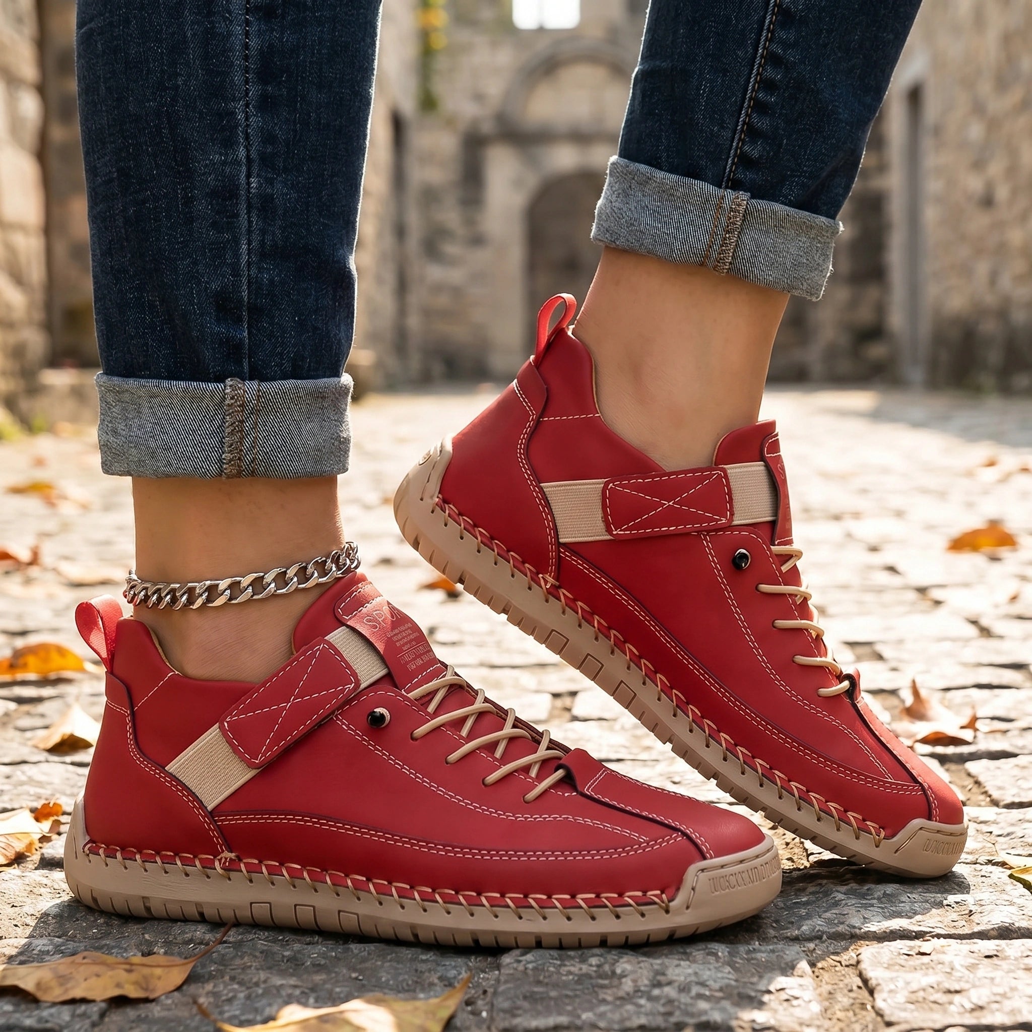 Close up of orthopedic sneakers showing the premium fabric, intricate stitching, and supportive design, set against a neutral background.