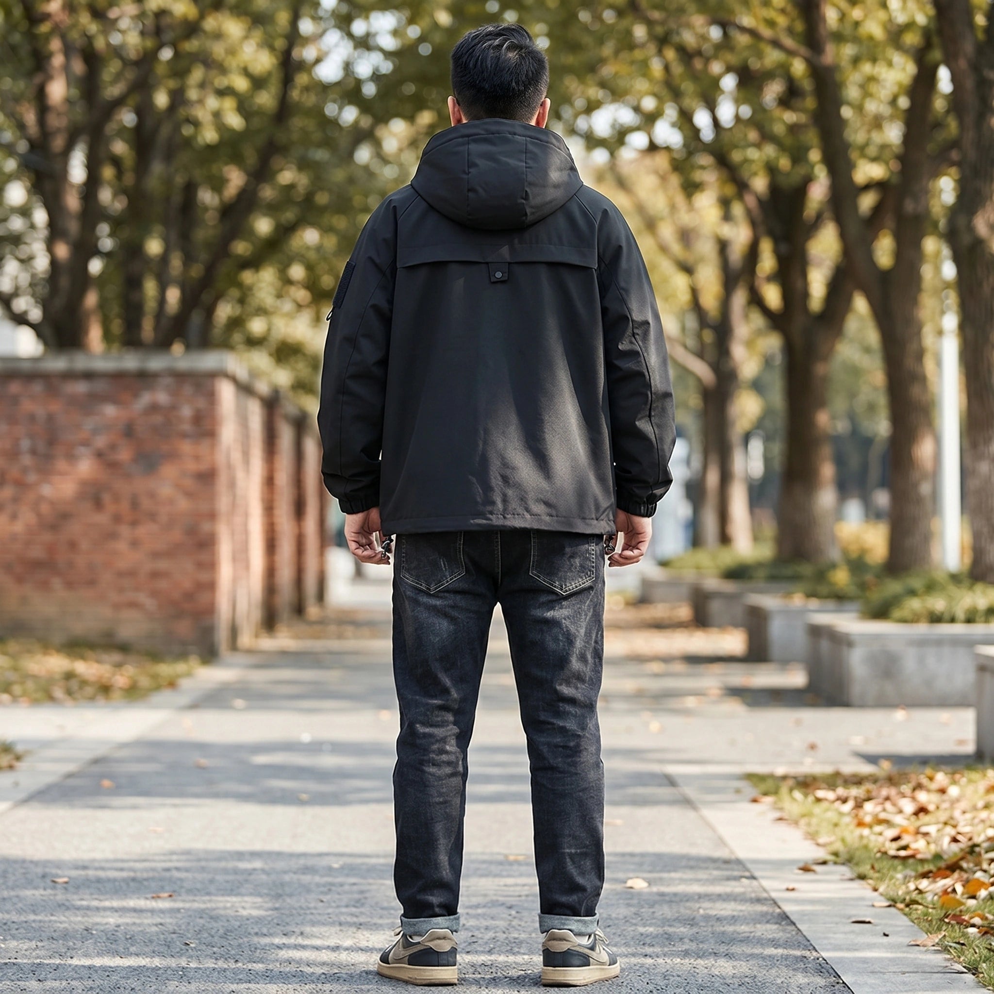 Close up view of the Mens Casual Relaxed Autumn Hooded Jacket showing the textured fabric and meticulous stitching details, set against a neutral background.