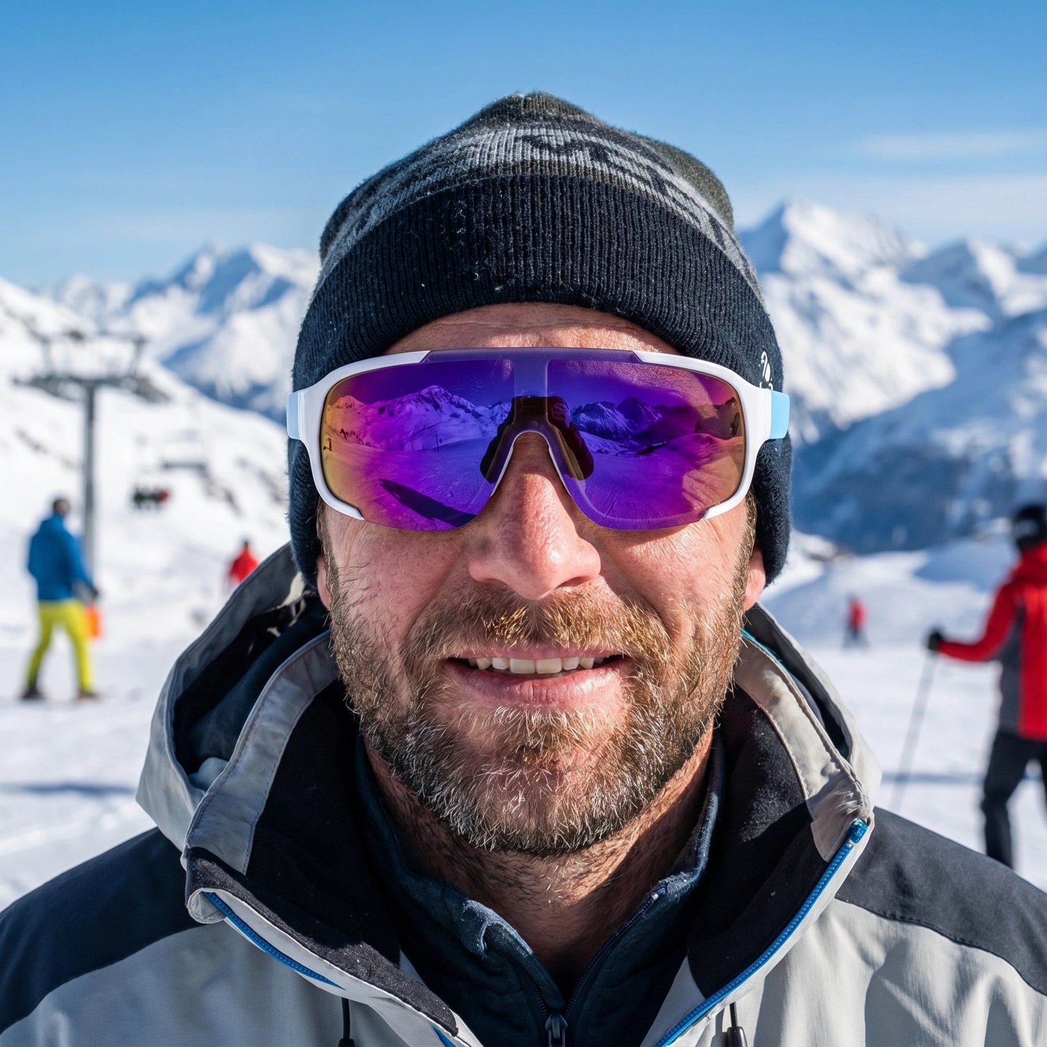 Back view of men's retro reflective sport sunglasses showing the sleek design and construction details, set against a blurred outdoor background.